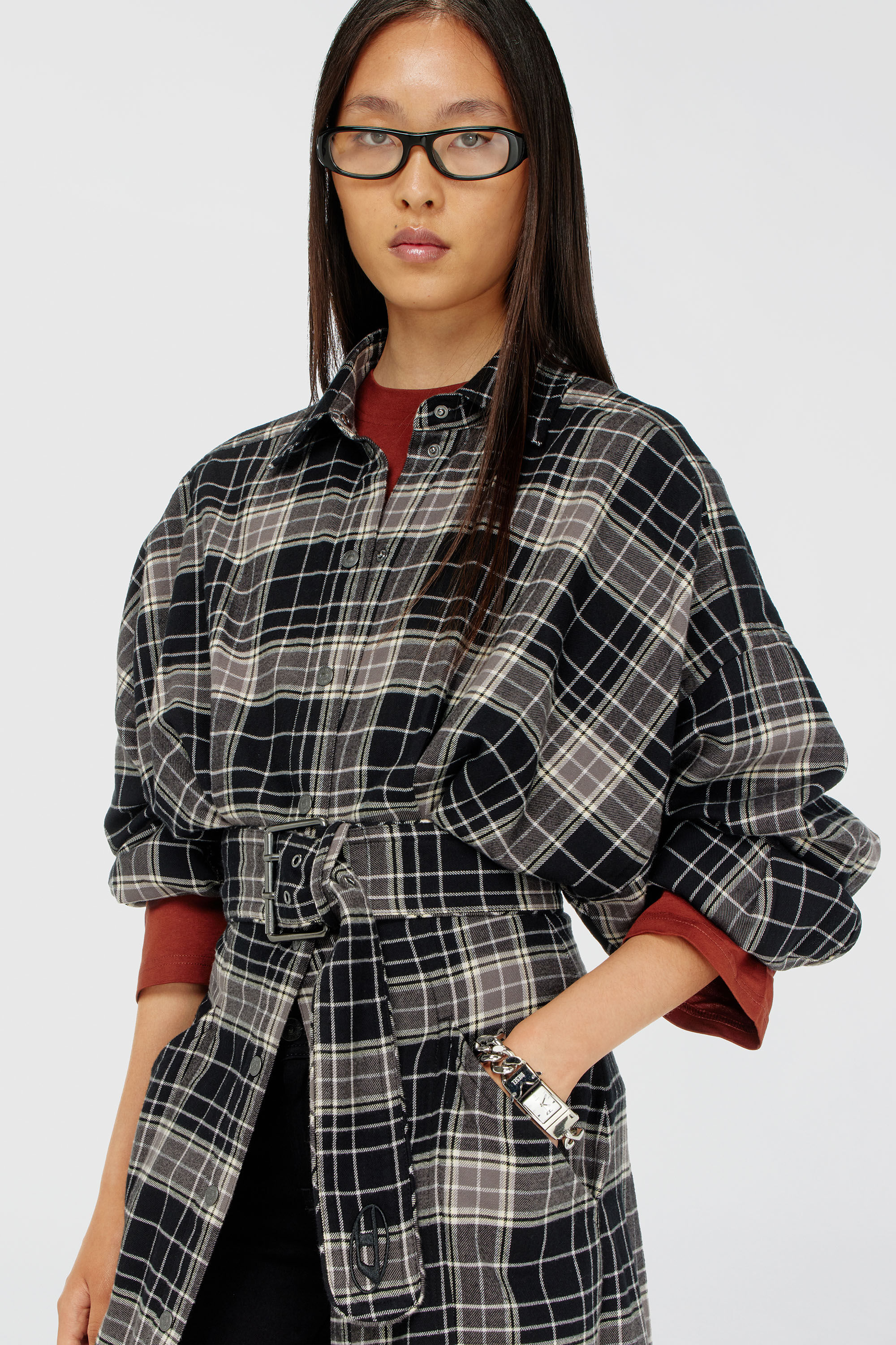 Diesel - D-EDALUS, Woman's Midi dress in check flannel with wide belt in Grey/Black - 5