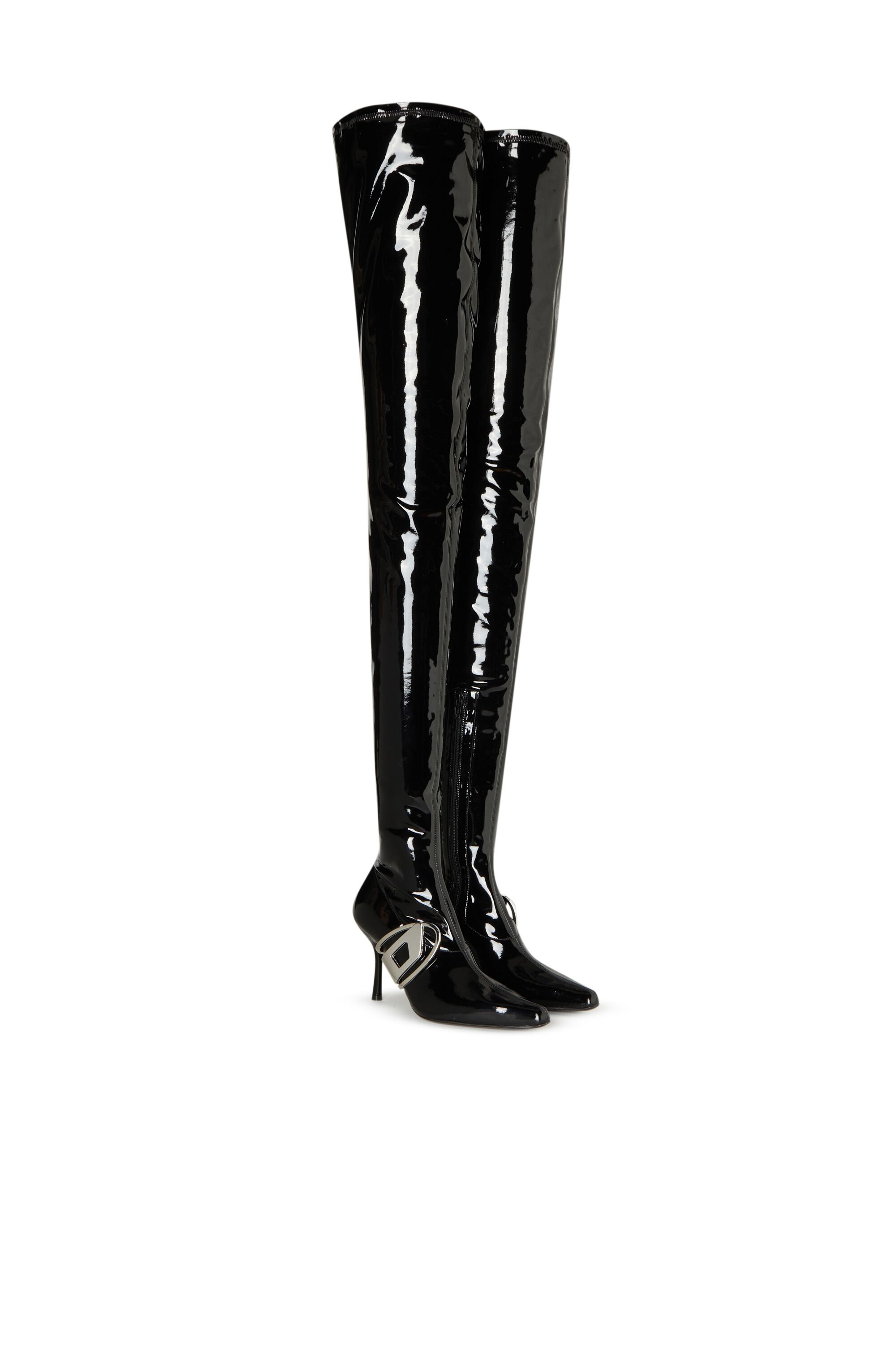 Diesel - D-ECLIPSE TBT, Woman D-Eclipse TBT - Patent thigh-high boots with oval plaque in Black - Image 2