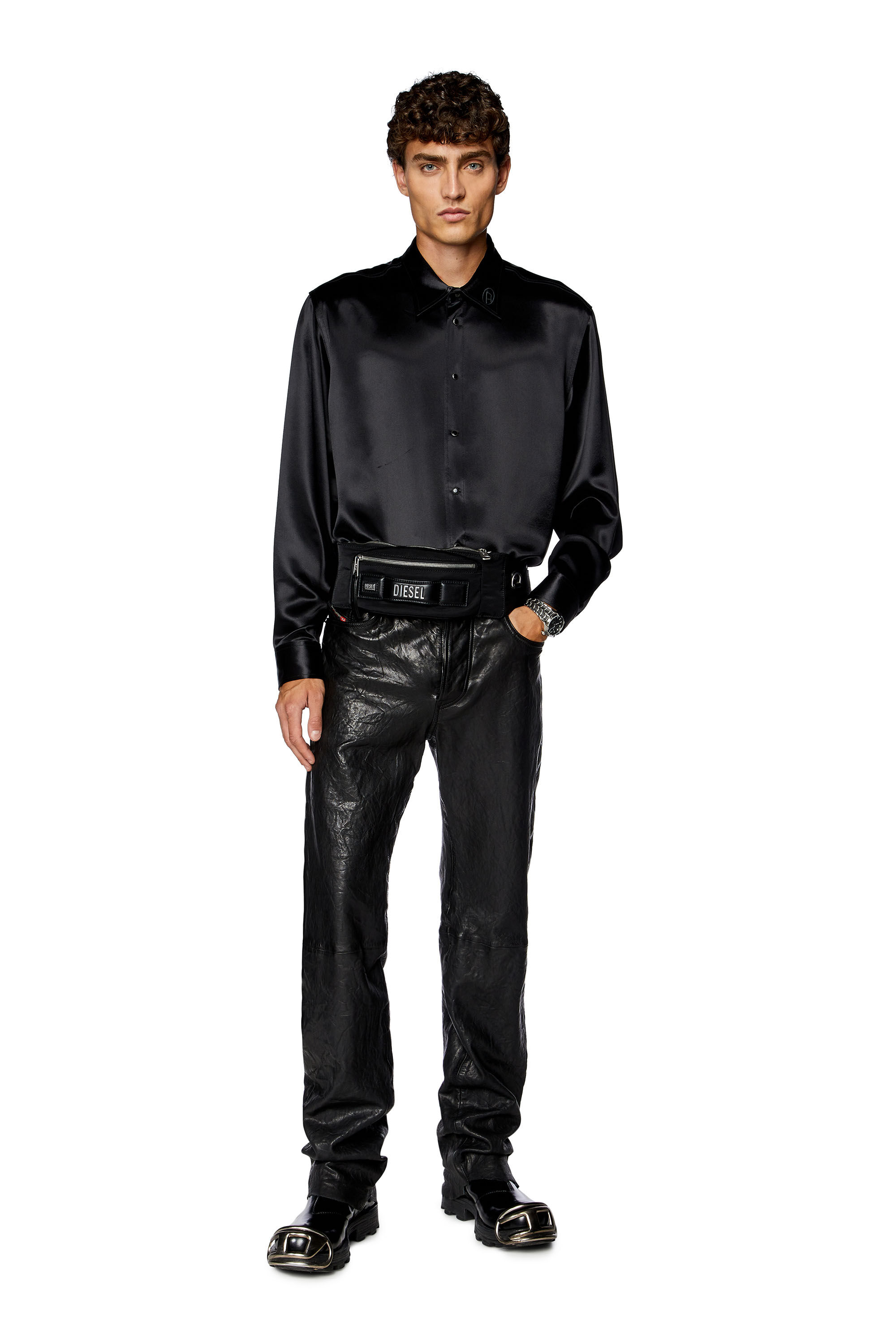 Diesel - S-RICCO, Man Satin shirt with logo-embroidered collar in Black - Image 1