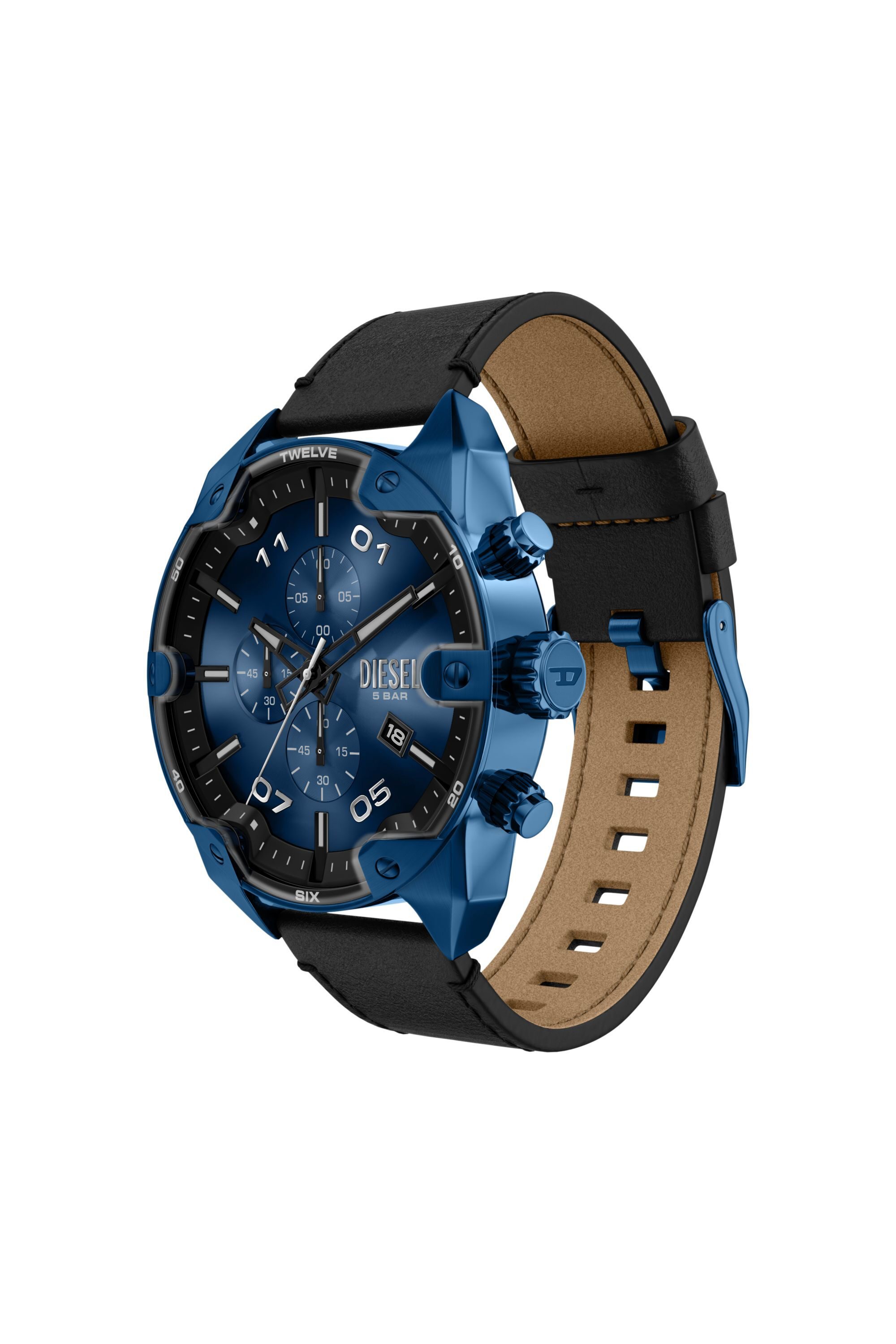 Diesel - DZ4703 WATCH, Man's Spiked Chronograph Black Leather Watch in Black/Blue - 7