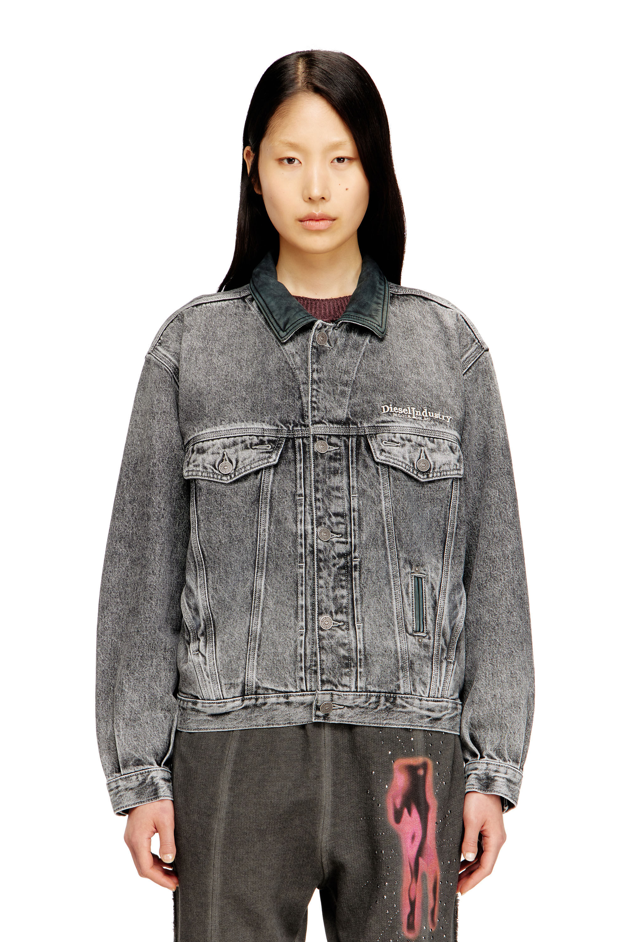 Diesel - D-DENVER-S, Unisex's Denim trucker jacket with tonal leather trims in Grey - 6