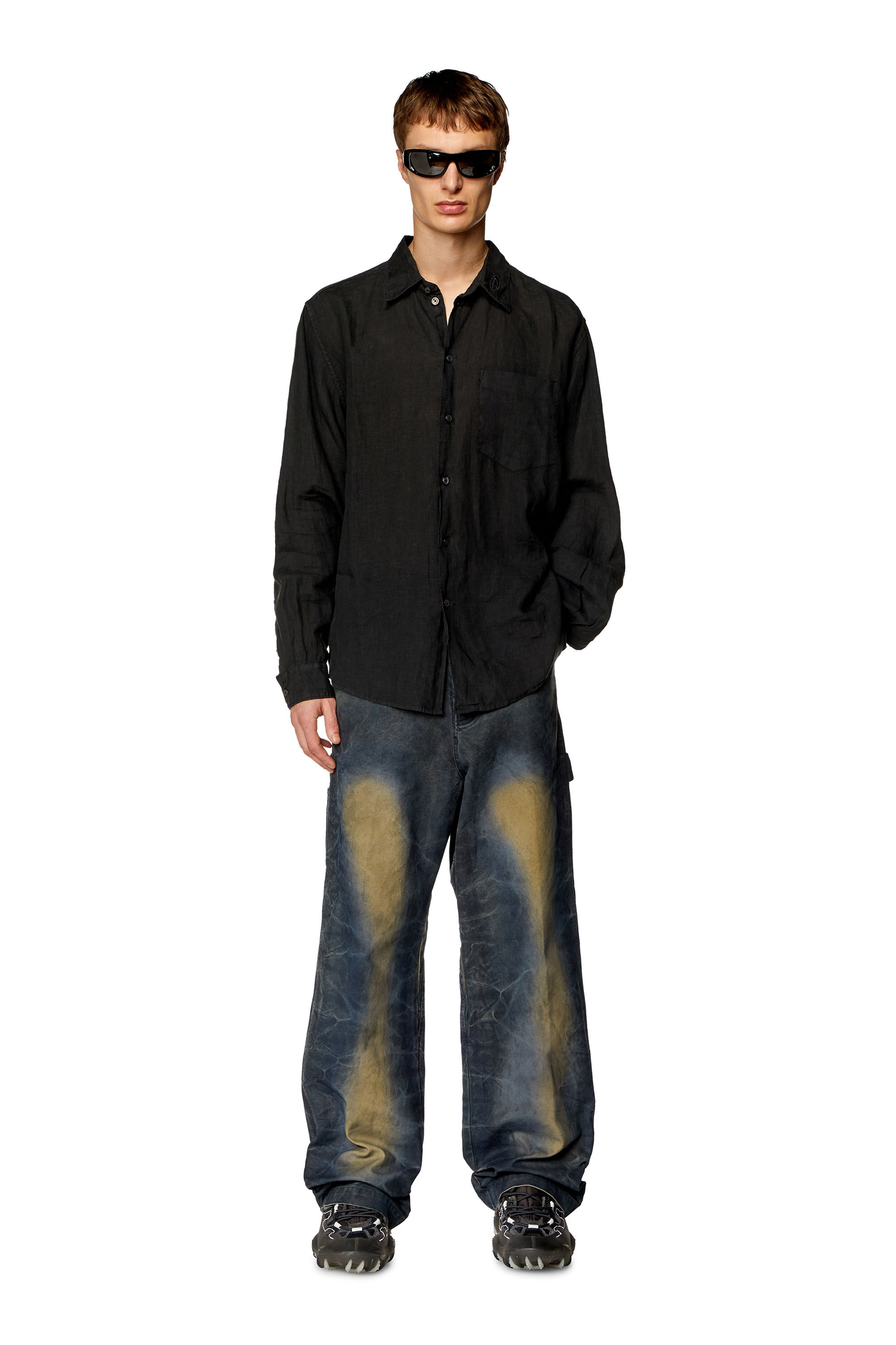 Diesel - S-EMIL, Man Linen shirt with logo collar in Black - Image 1