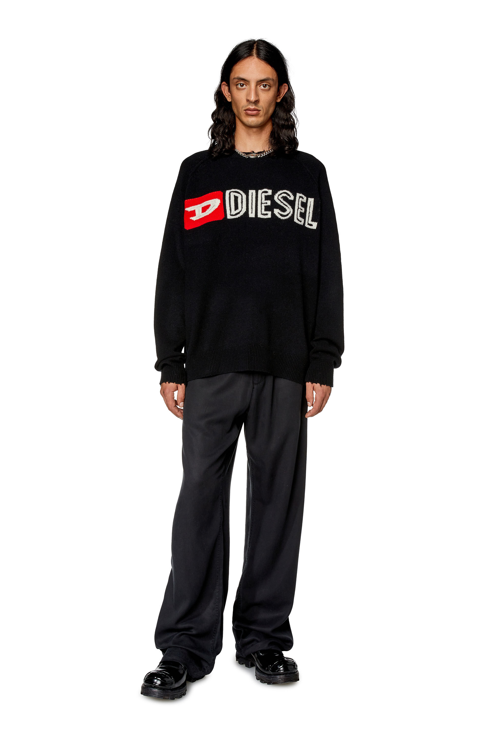 Diesel - K-SARIA-B, Man Wool crewneck sweater with cut-up logo in Black - Image 1