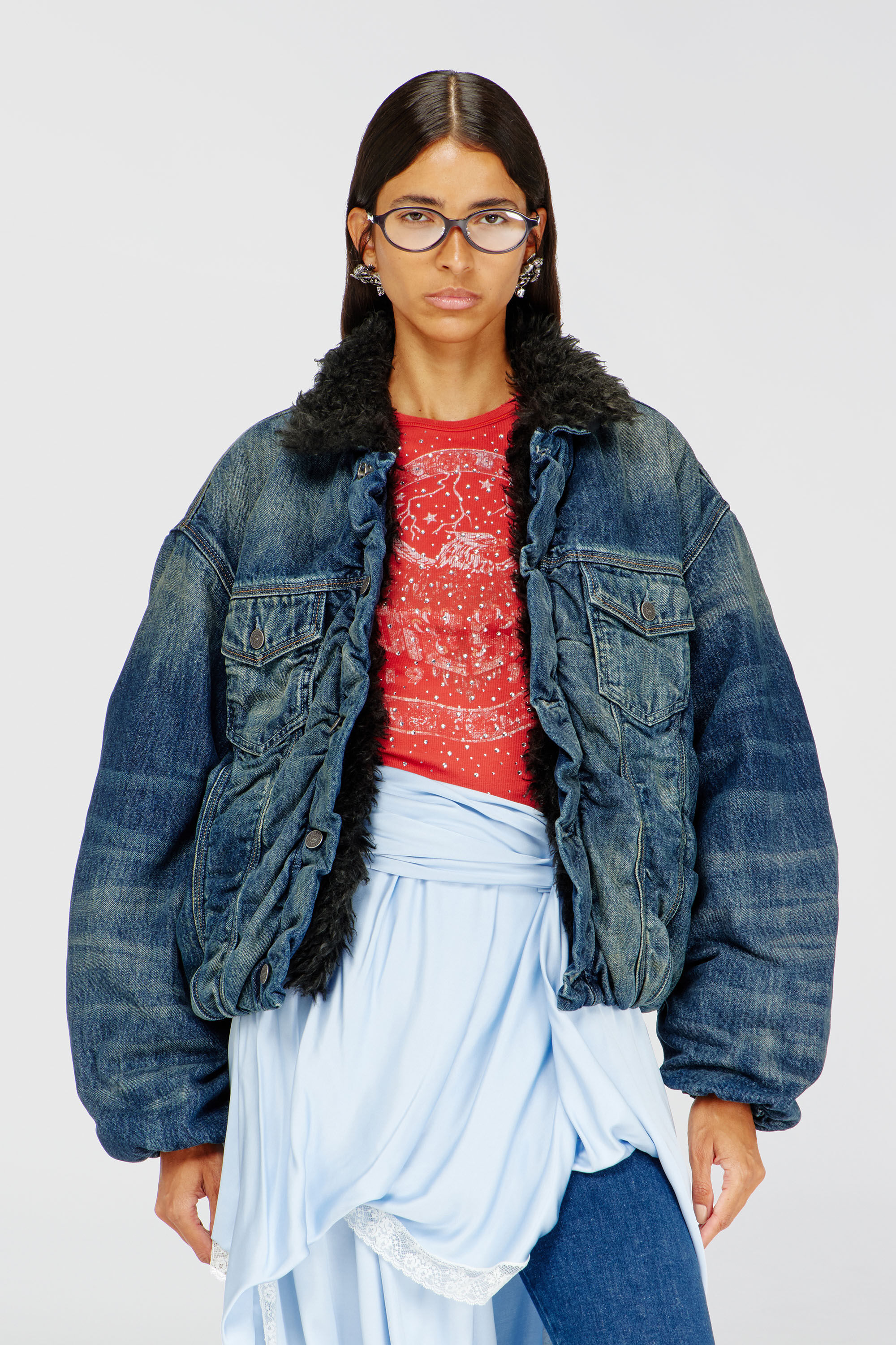 Diesel - D-CURLY-FSJ1, Unisex's Teddy-lined trucker jacket in denim in Medium blue - 6