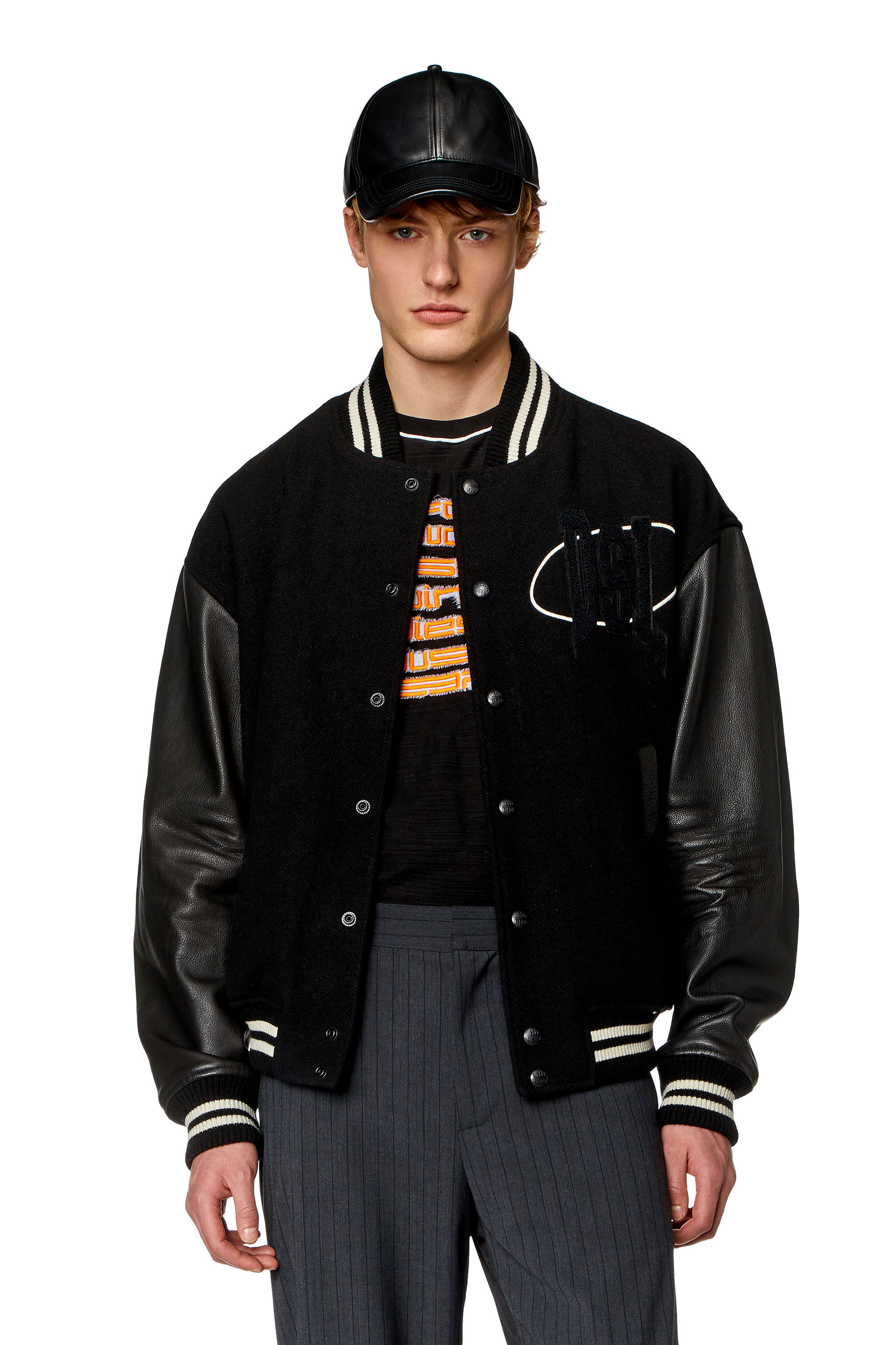 Diesel - L-FRANZ-PATCH, Man Varsity bomber jacket in wool and leather in Black - Image 3