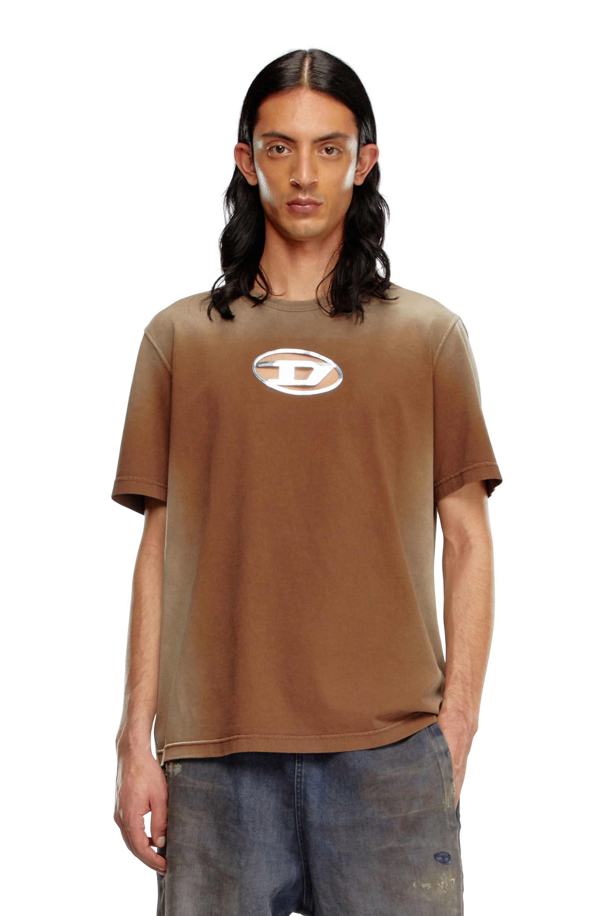 Diesel - T-ADJUST-Q8, Man's Faded T-shirt with cut-out Oval D logo in Brown - 3