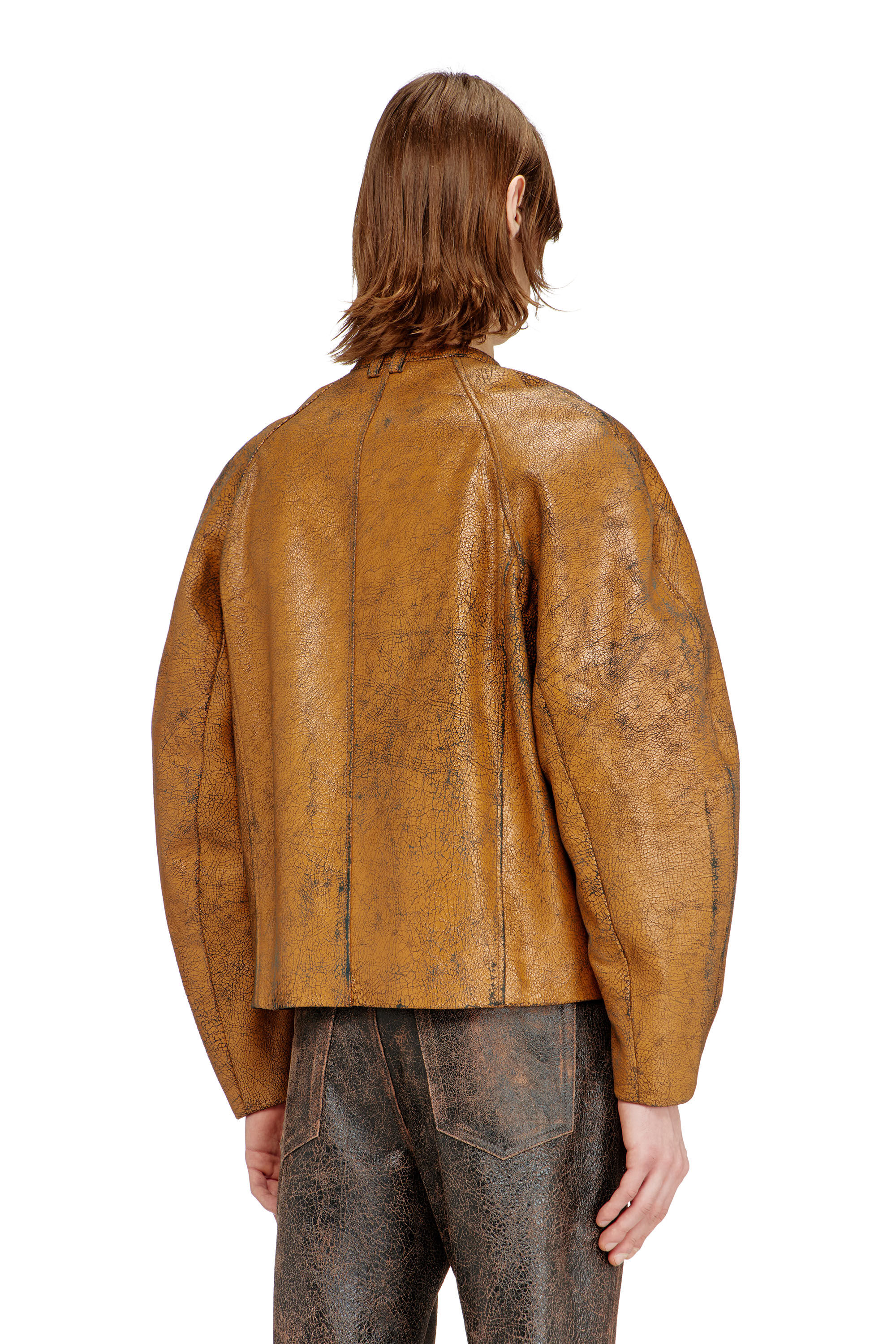 Diesel - L-NURI, Man's Cocoon-sleeve biker jacket in cracked leather in Brown - 4