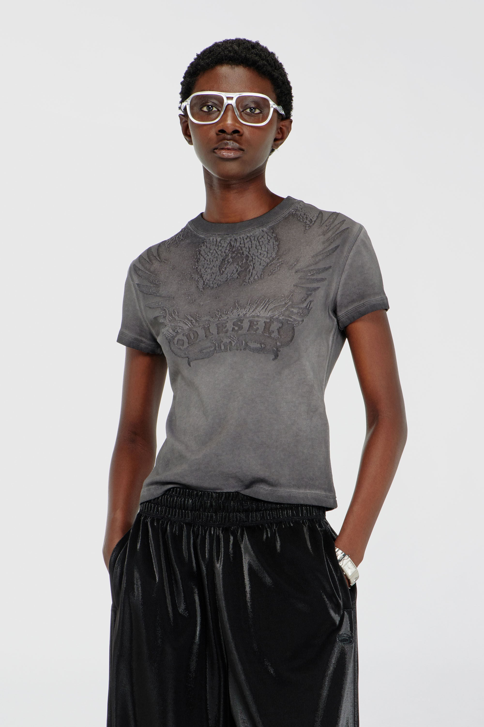 Diesel - T-ILA-AA7, Woman's Slim T-shirt with d&eacute;vor&eacute; Phoenix in Dark grey - 3