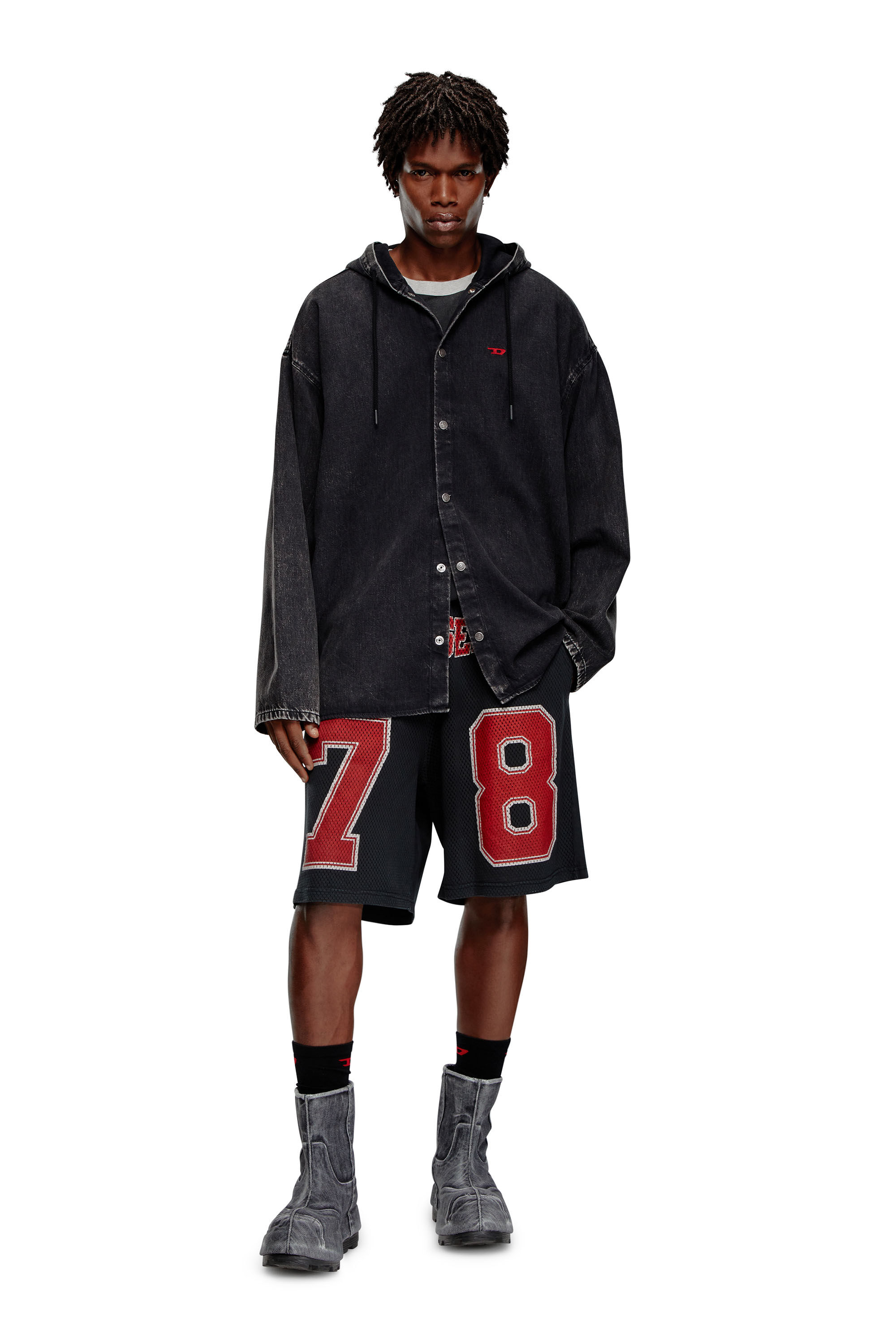 Diesel - P-TAIN-SHORT, Man Mesh-trimmed shorts with collegiate logo in Black - Image 1