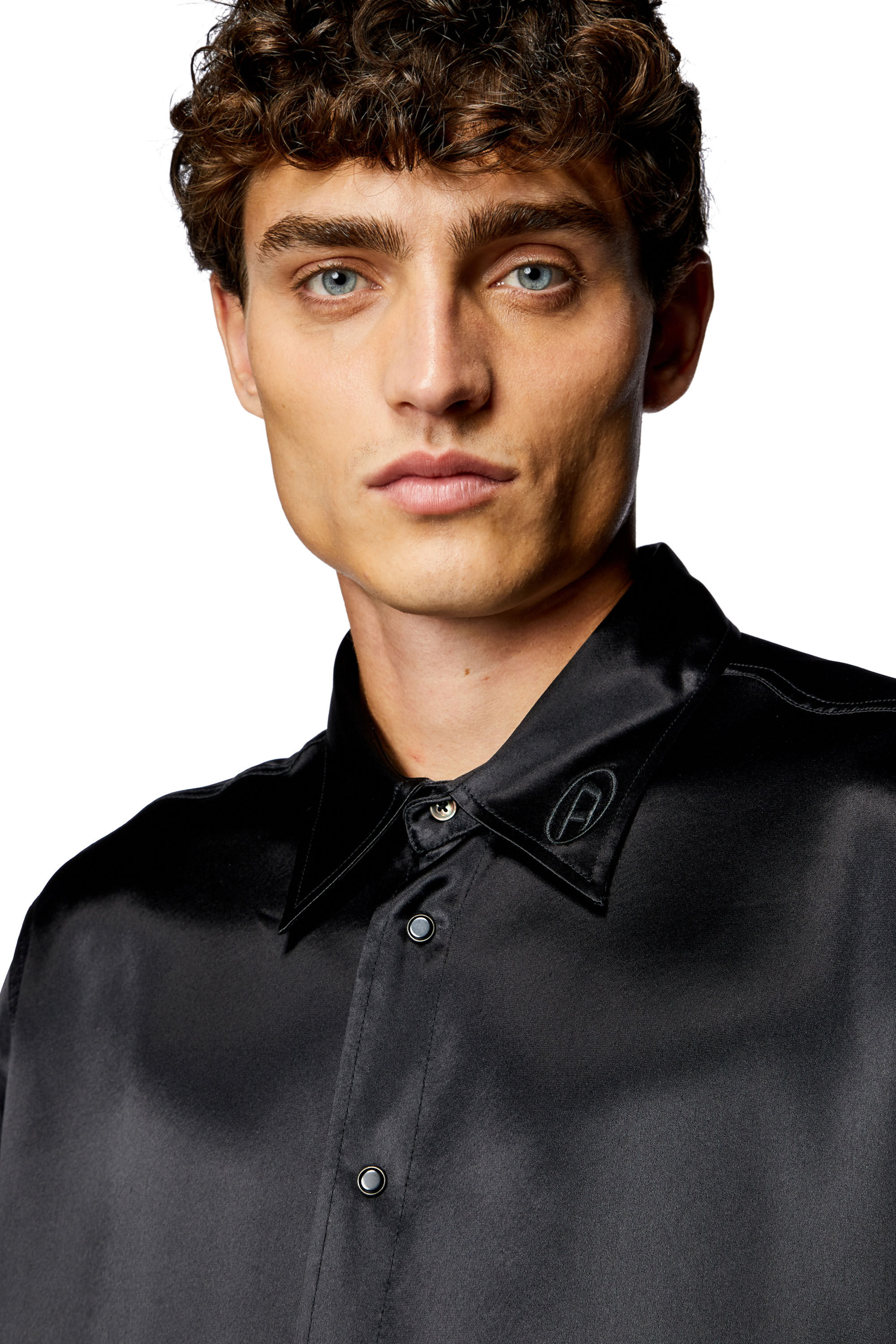 Diesel - S-RICCO, Man Satin shirt with logo-embroidered collar in Black - Image 5