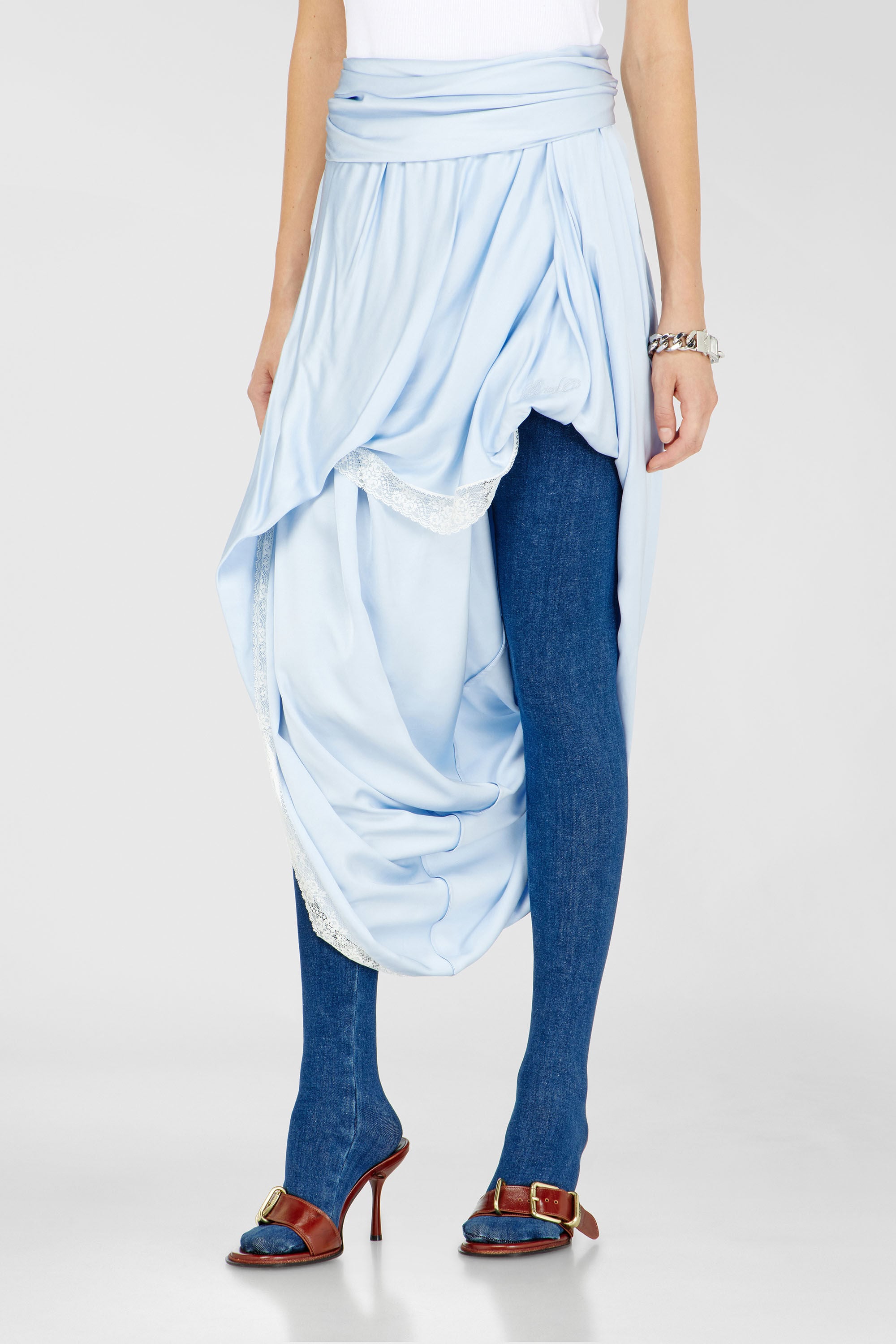 Diesel - O-WANDA, Woman's Draped satin midi skirt with lace trim in Light Blue - 3