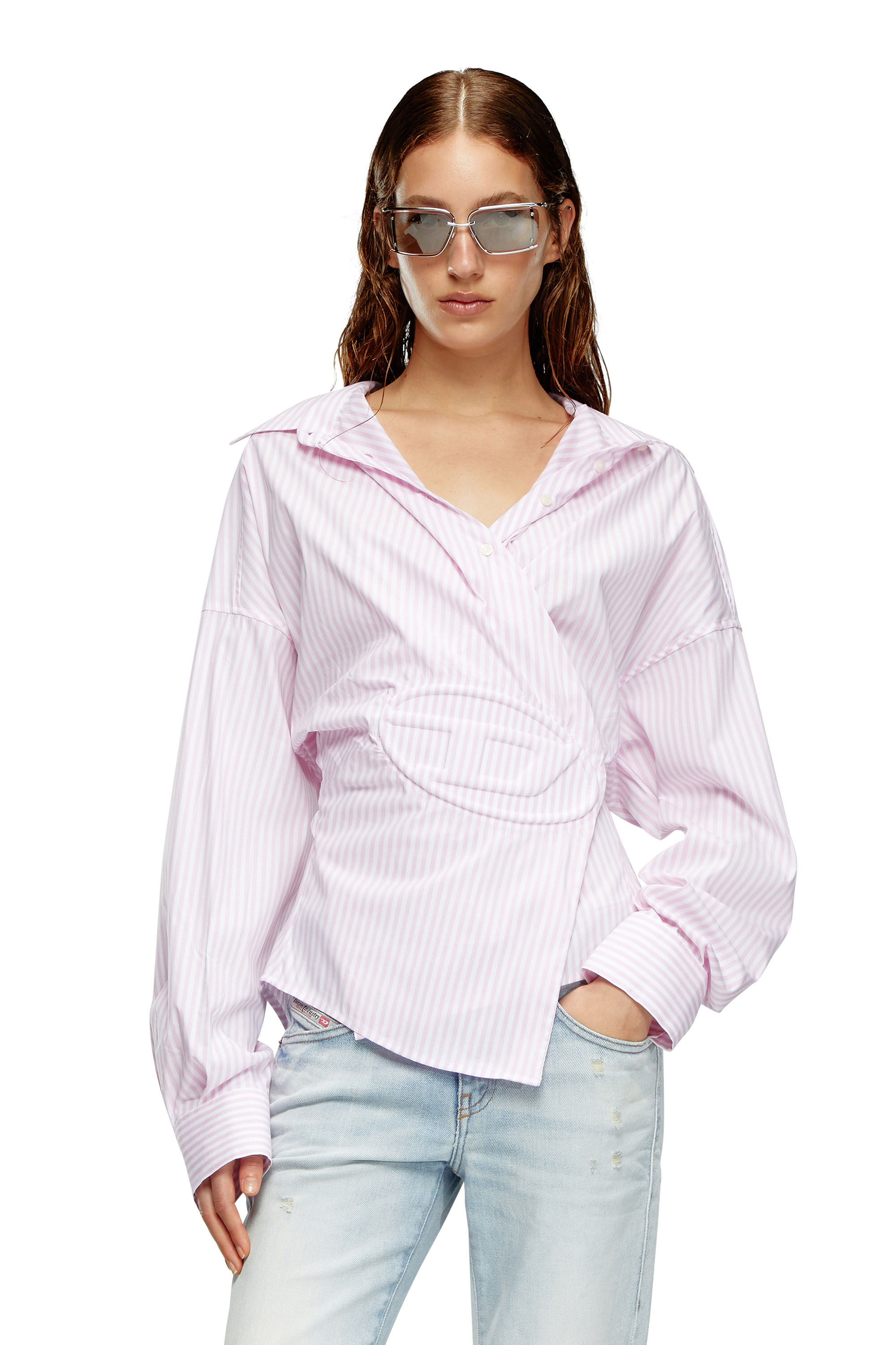 Diesel - C-SIZ-N2, Woman Striped wrap shirt with embossed logo in Pink - Image 3