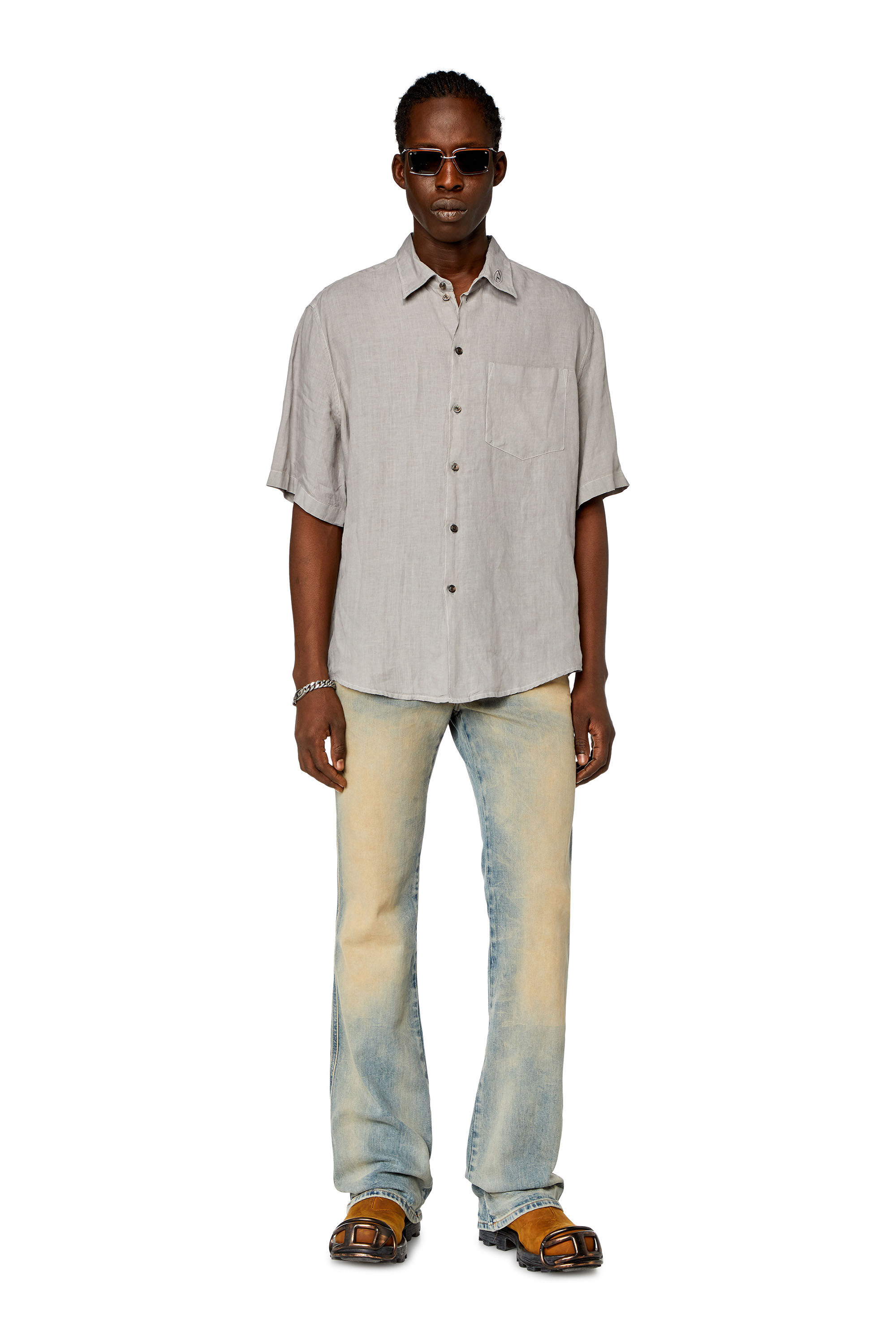 Diesel - S-EMIL-SHORT, Man Short-sleeve linen shirt in Grey - Image 1