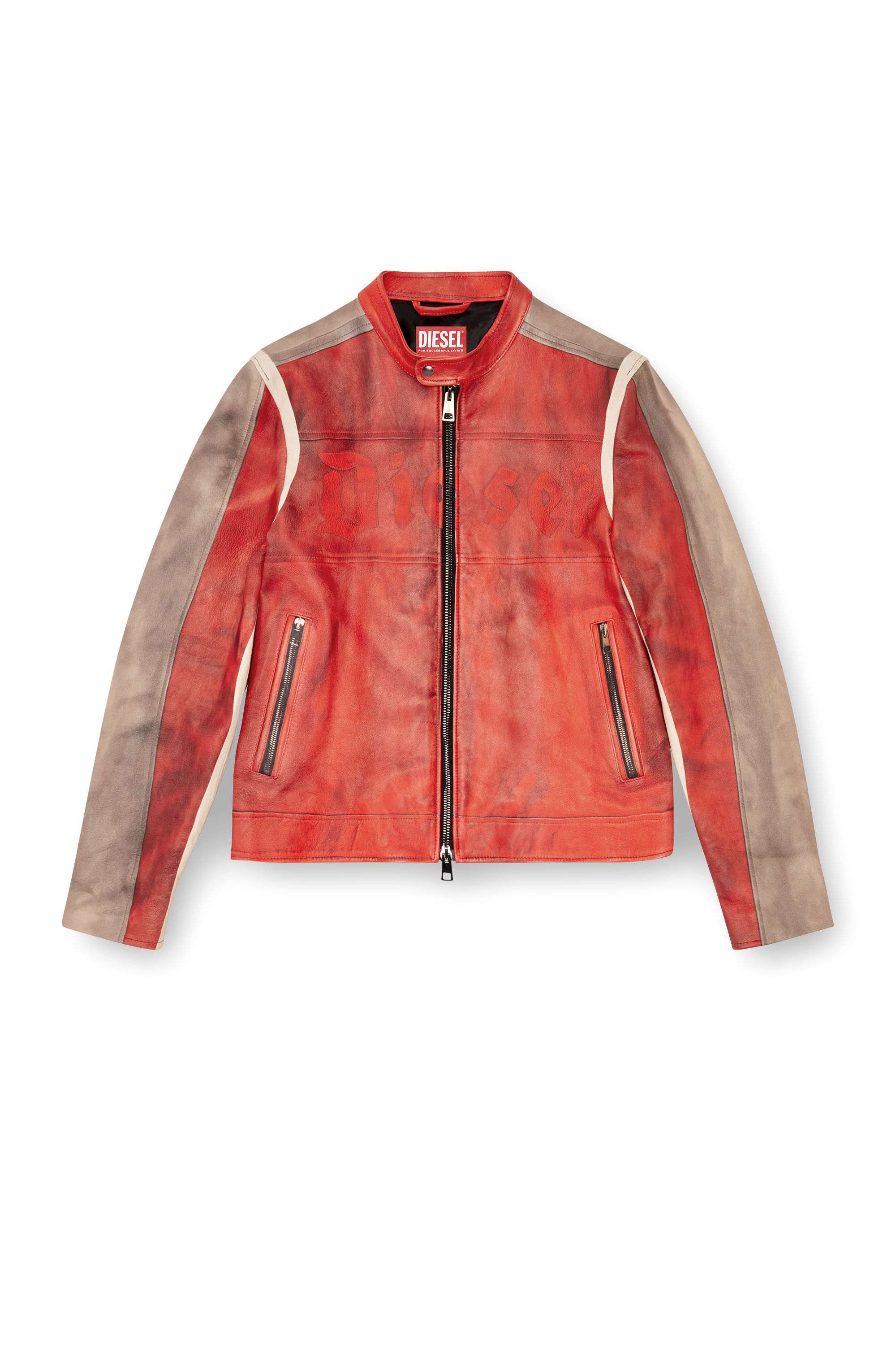 Diesel - L-RUSCHA, Man Dirty-effect leather biker jacket in Red - Image 2