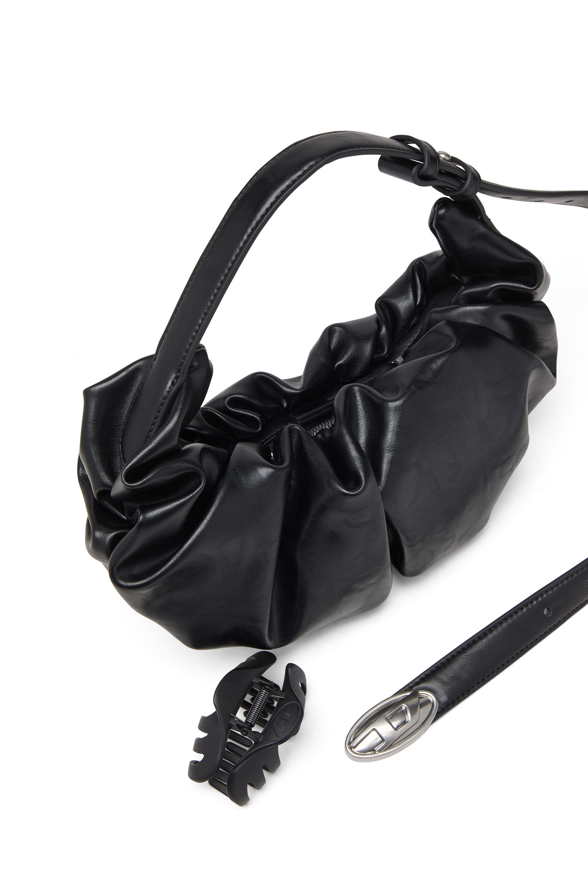 Diesel - GRAB-D HOBO S, Woman's Grab-D S-Small scrunched hobo bag in shiny PU in Black - 6