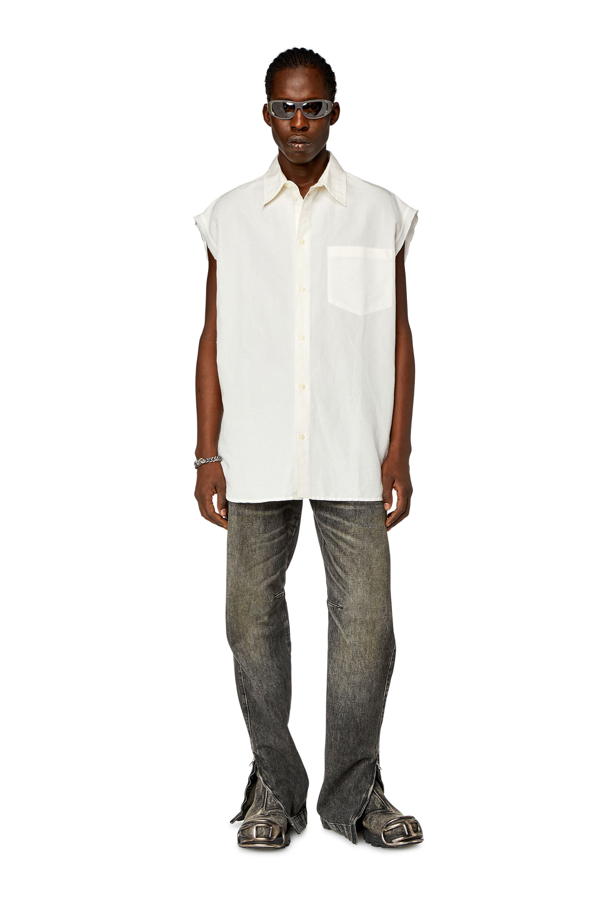 Diesel - S-SIMENS, Man Sleeveless shirt in linen blend in White - Image 1