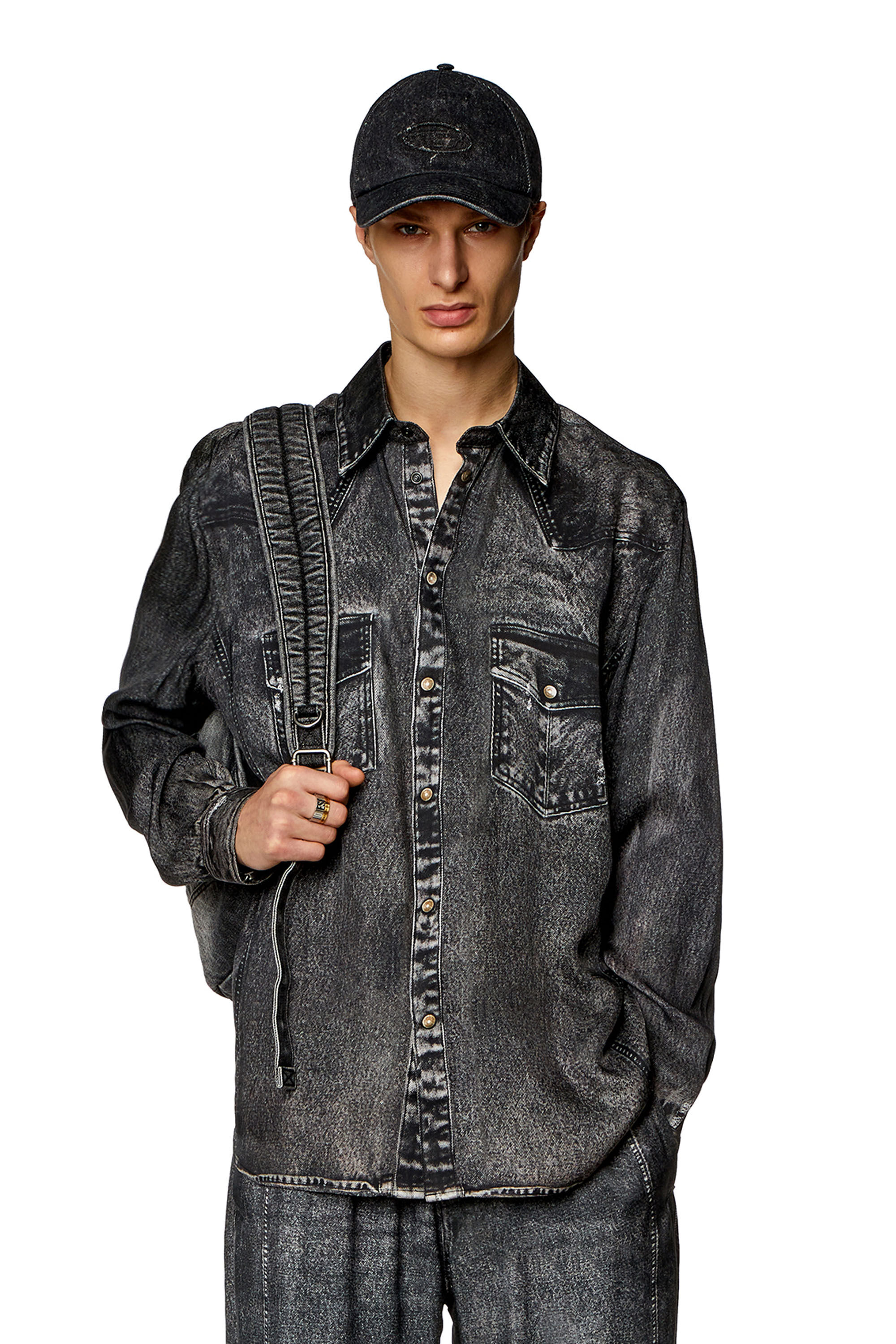 Diesel - S-ALSTON, Man Fluid shirt with denim print in Black - Image 3