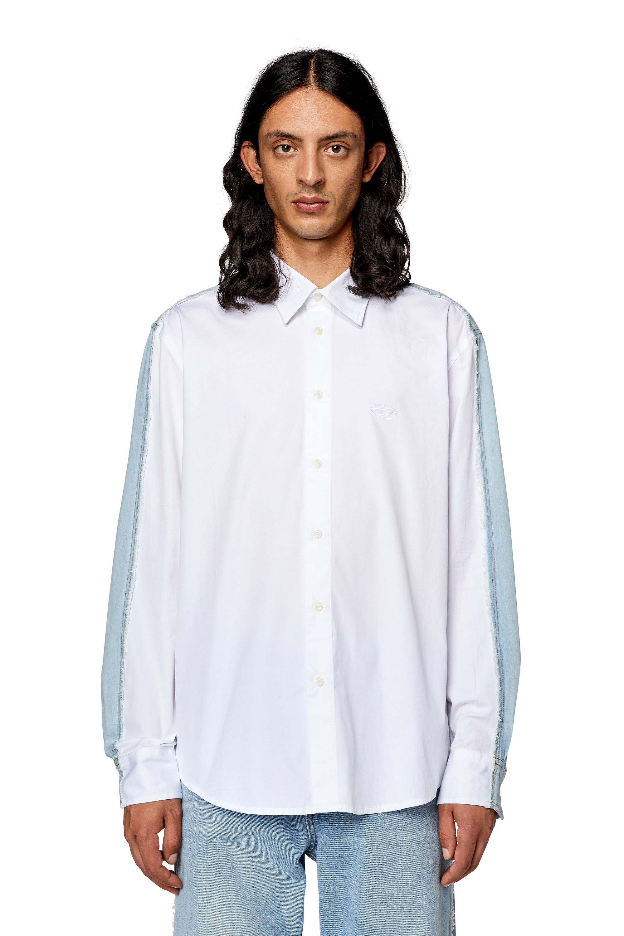Diesel - S-WARH, Man Shirt in poplin and raw-edge denim in White - Image 5