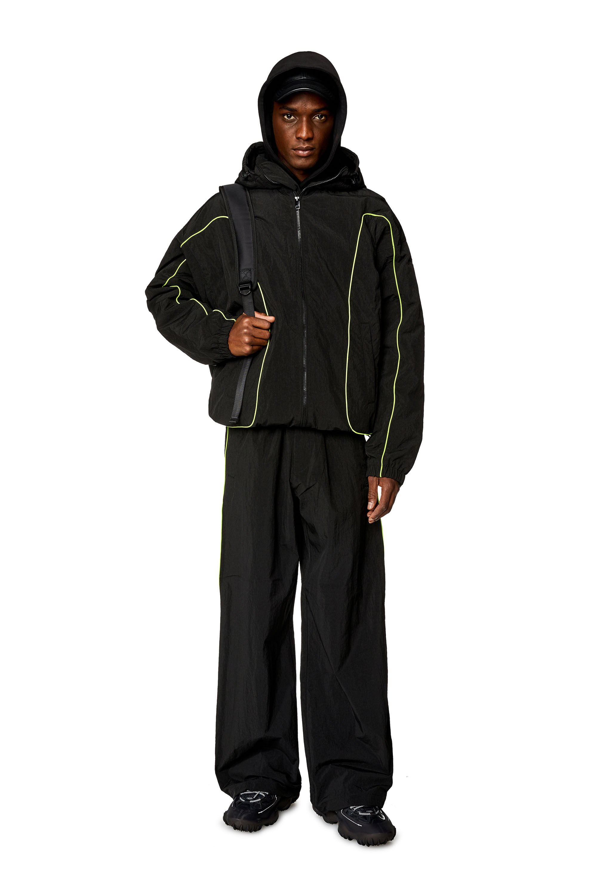 Diesel - J-GREEN, Man Padded hooded jacket in wrinkled nylon in Black - Image 1