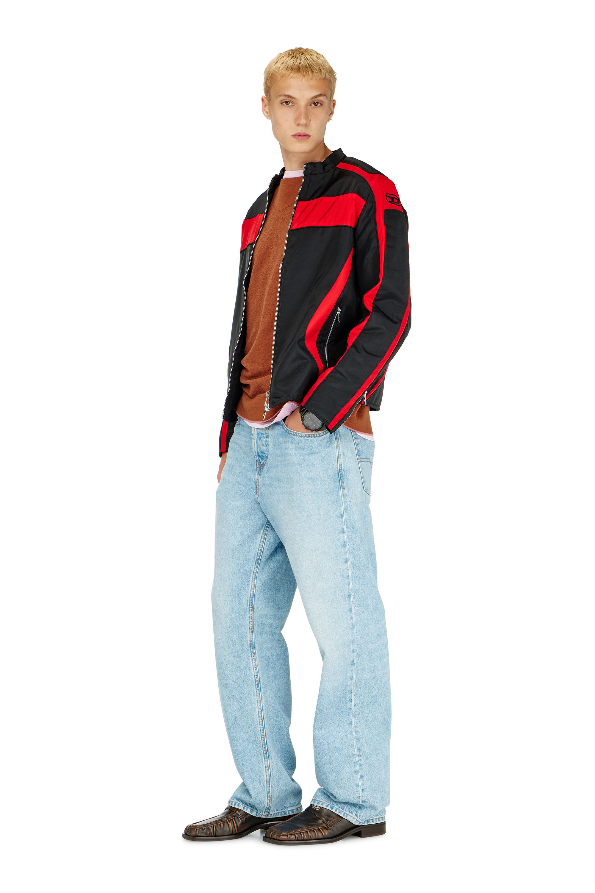 Diesel - J-ADAM-PDAI, Man's Biker jacket in colour-block canvas in Black/Red - 1
