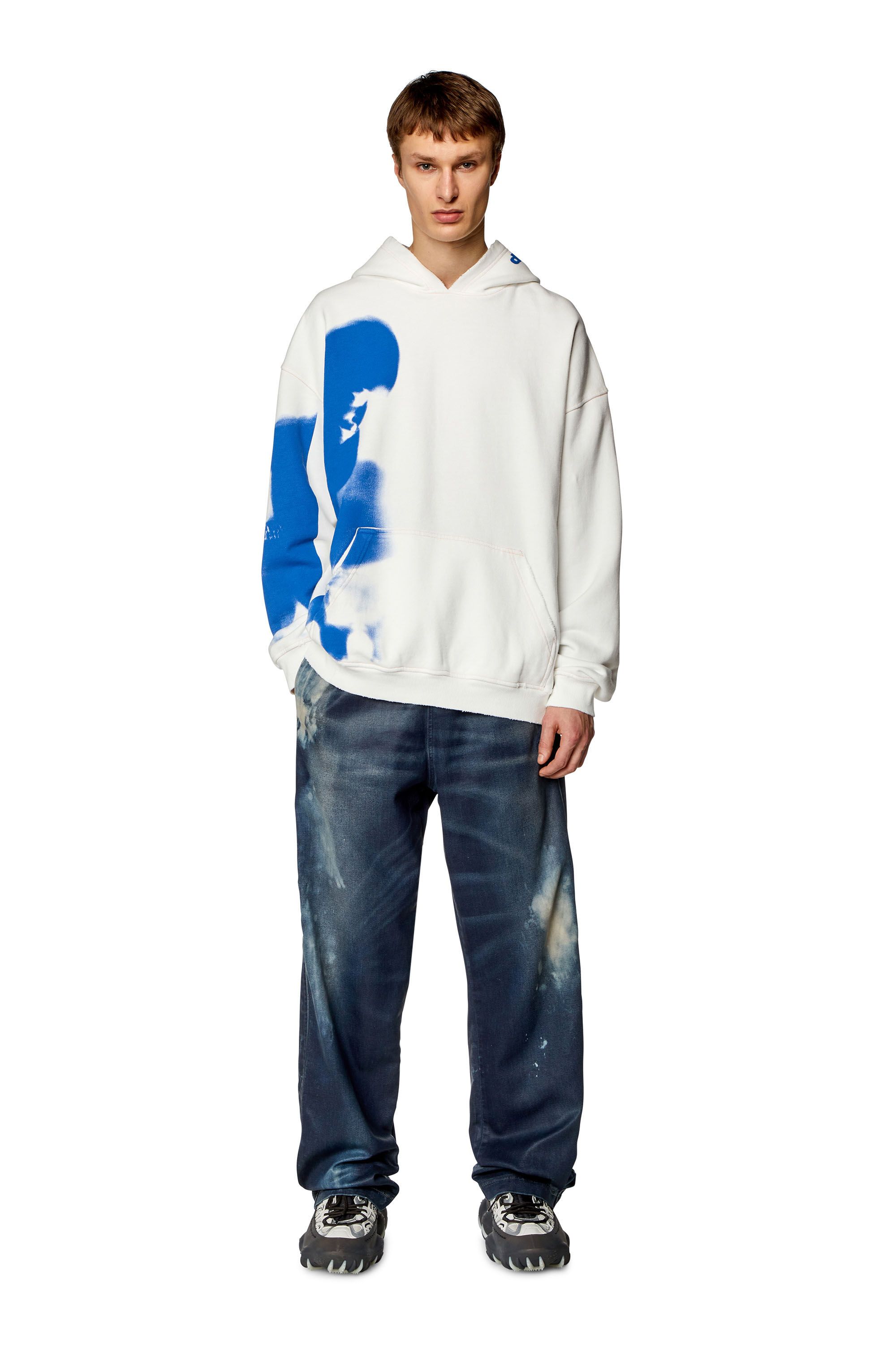 Diesel - S-BOXT-HOOD-N4, Man Distressed hoodie with smudgy print in White - Image 1