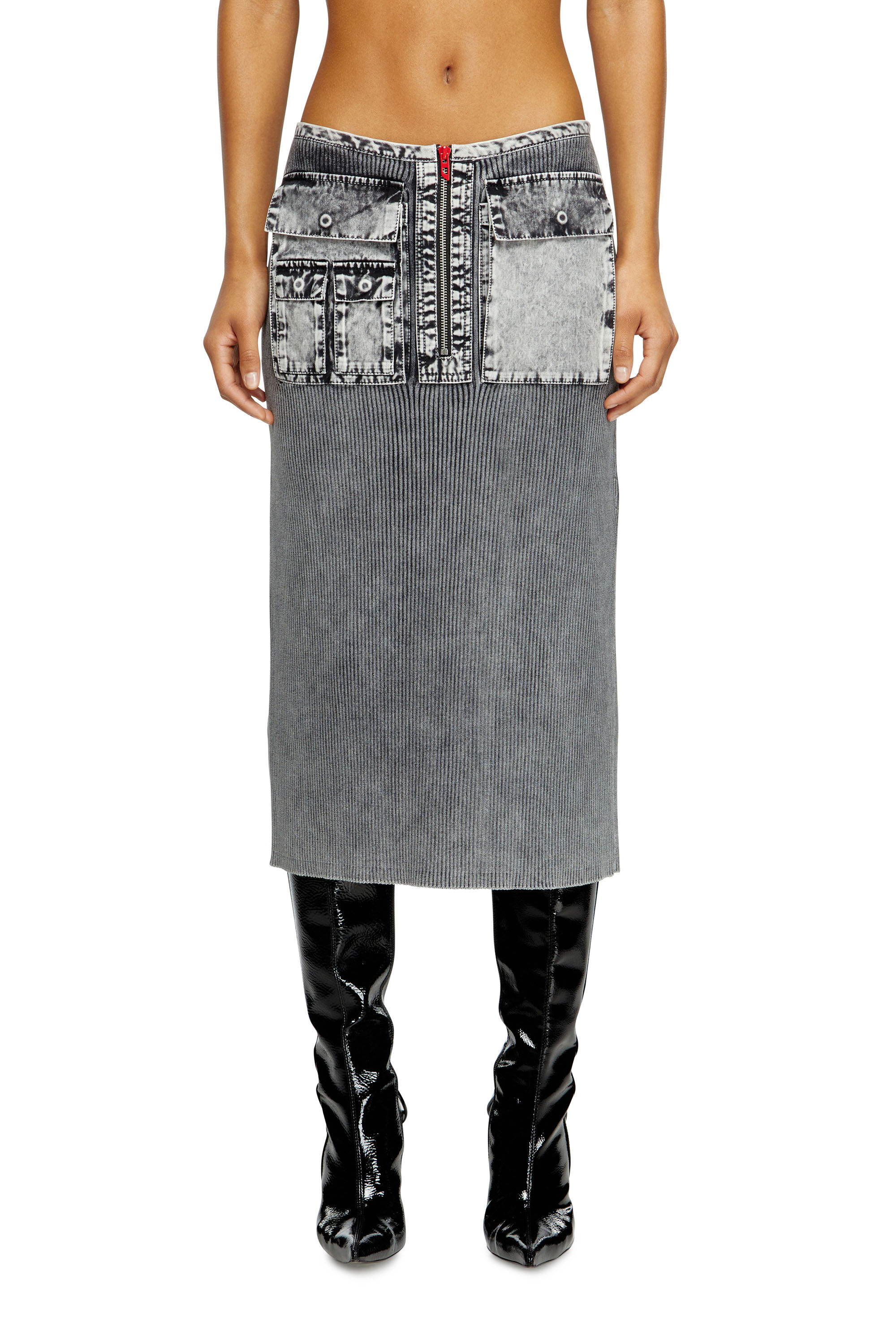 Diesel - M-MERYN, Woman's Knit midi skirt with denim cargo pockets in Dark grey - 3