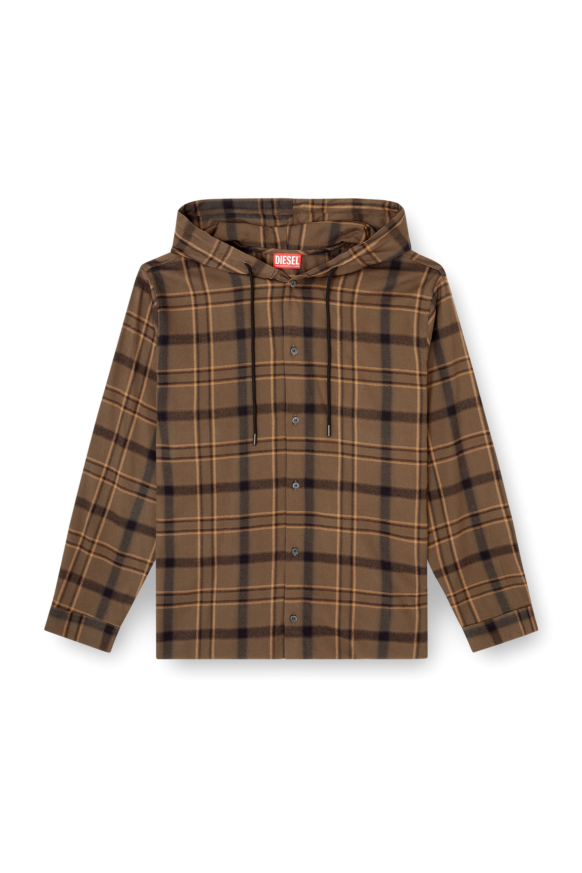 Diesel - S-IX, Man's Hooded shirt in check flannel with logo in Brown - 2