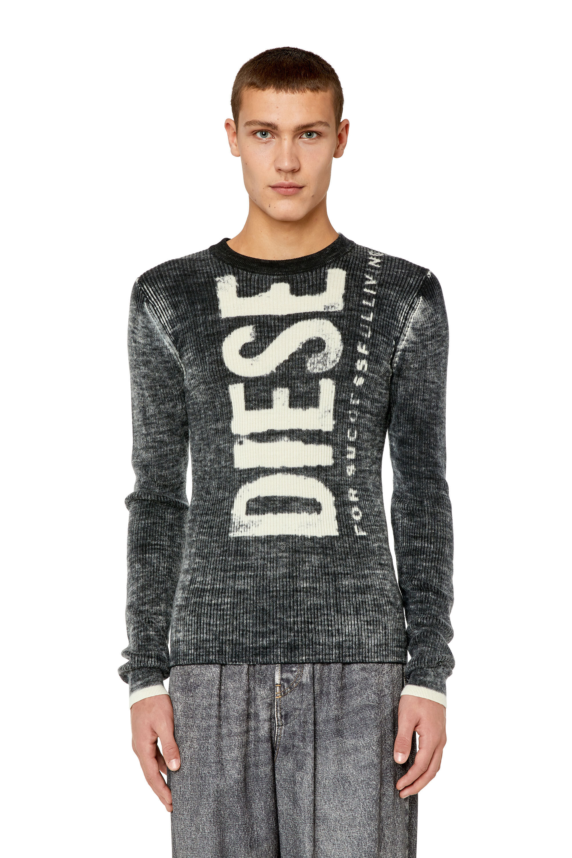 Diesel - K-ATULLUS-ROUND, Man Wool jumper with bleeding-effect logo in Black - Image 3