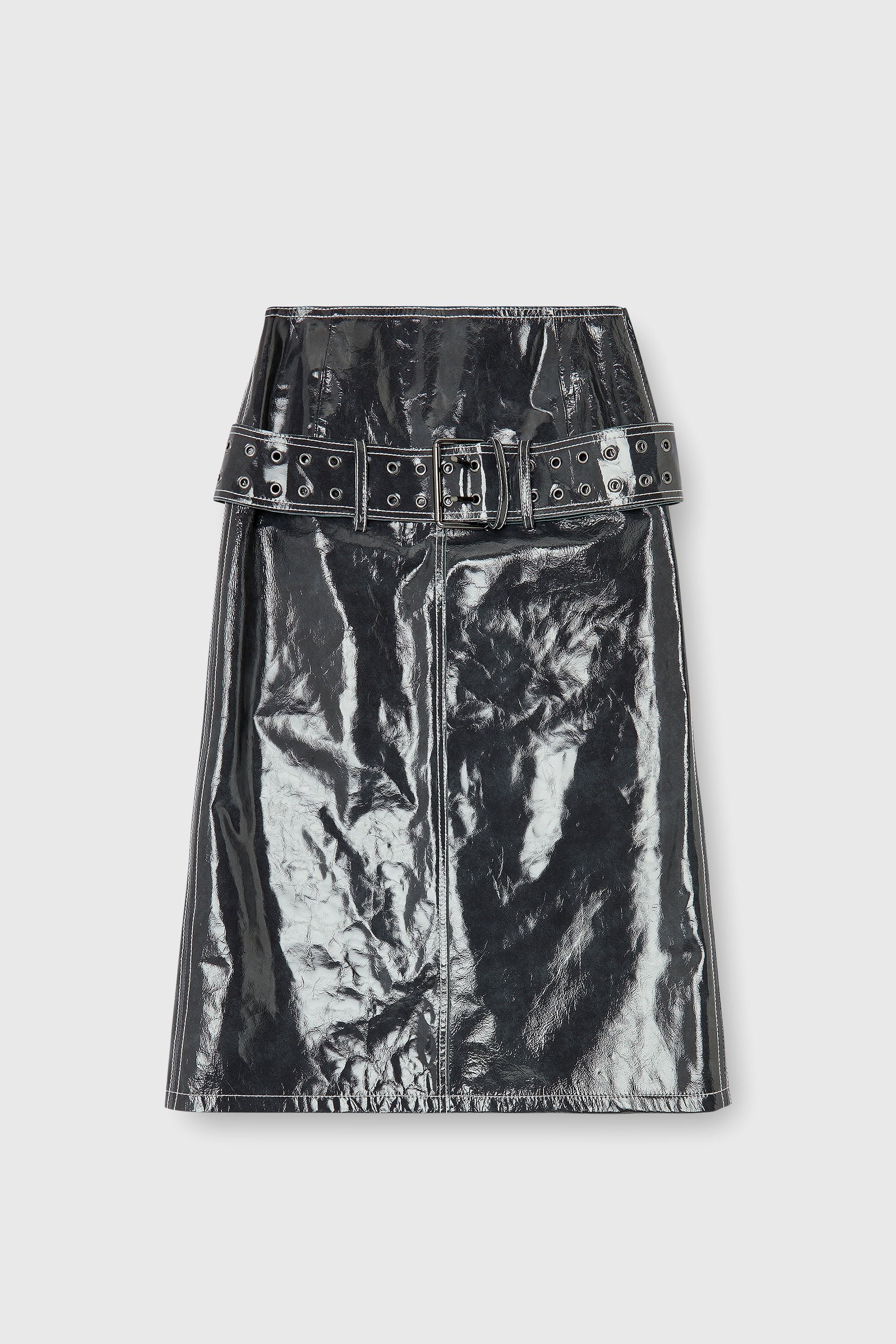 Diesel - L-ASCAR, Woman's Patent-leather midi skirt with belt in Dark grey - 2