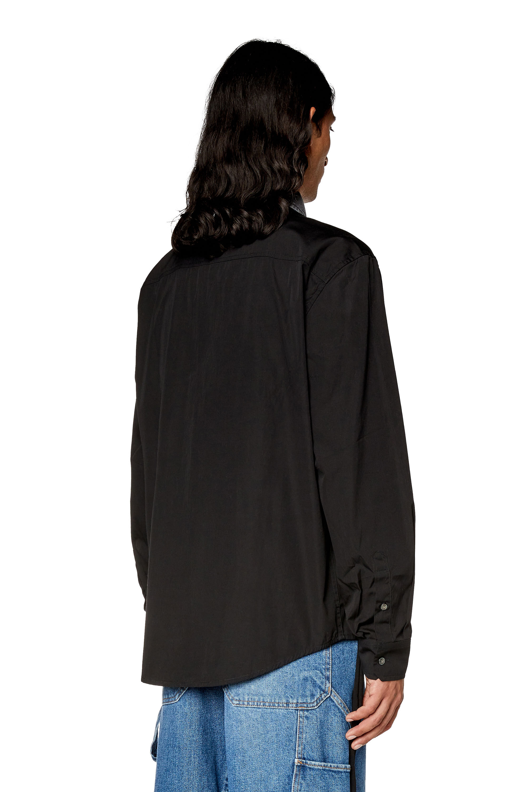 Diesel - S-HOLLS, Man Cotton shirt with denim collar in Black - Image 4