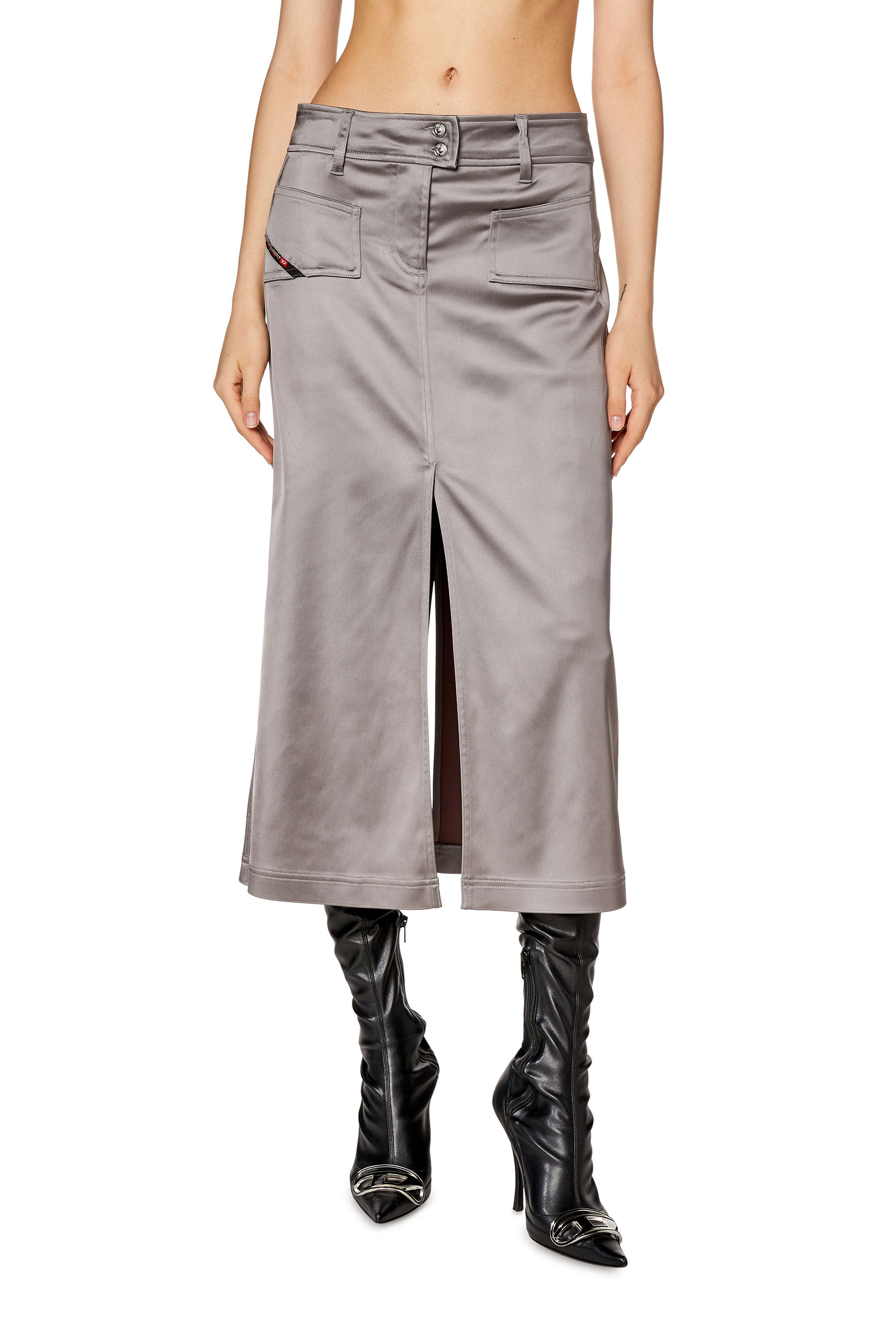 Diesel - O-YIN, Woman Midi skirt in shiny stretch satin in Grey - Image 3