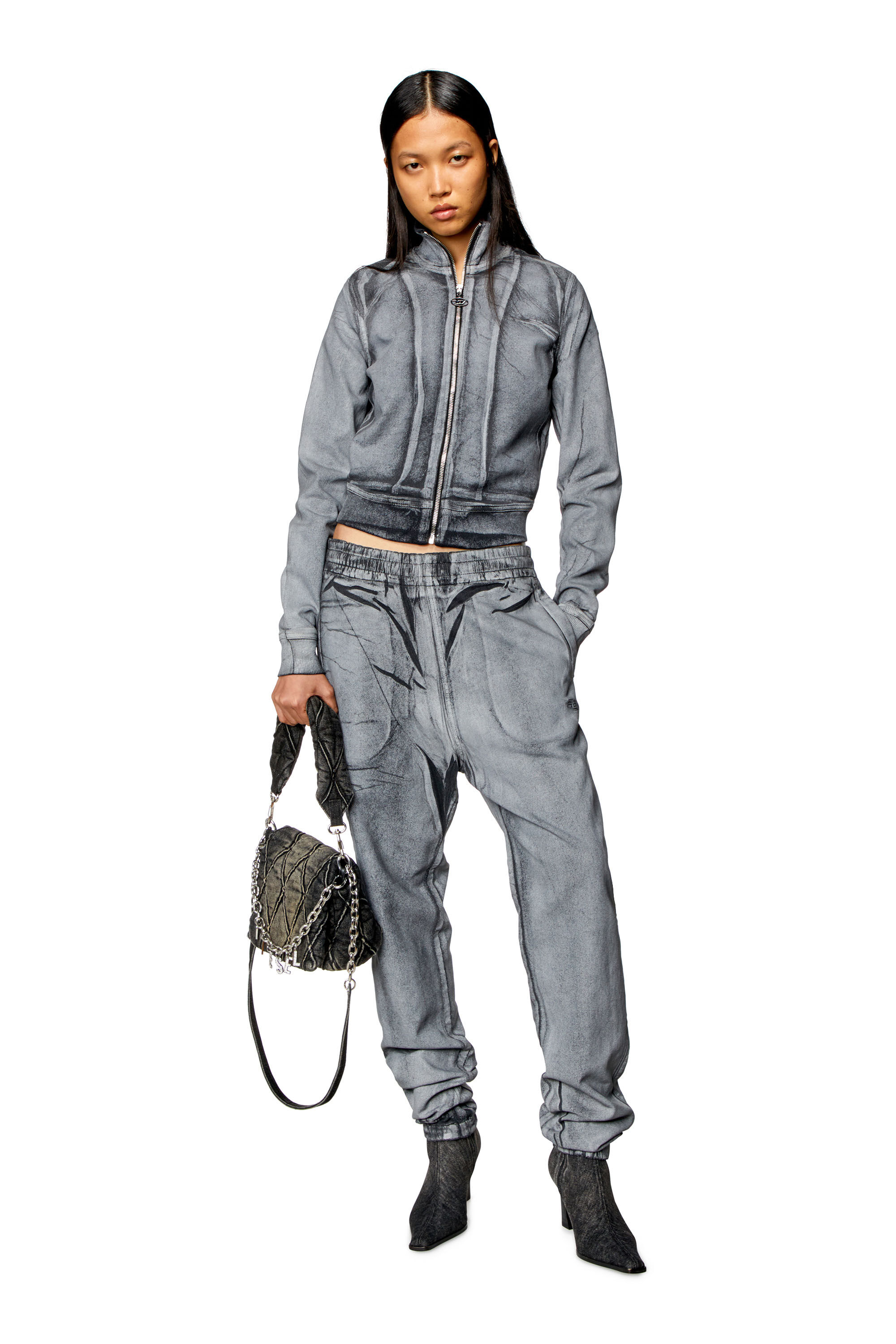 Diesel - D-EMY-S TRACK, Woman Zip sweatshirt in printed Track Denim in Grey - Image 1
