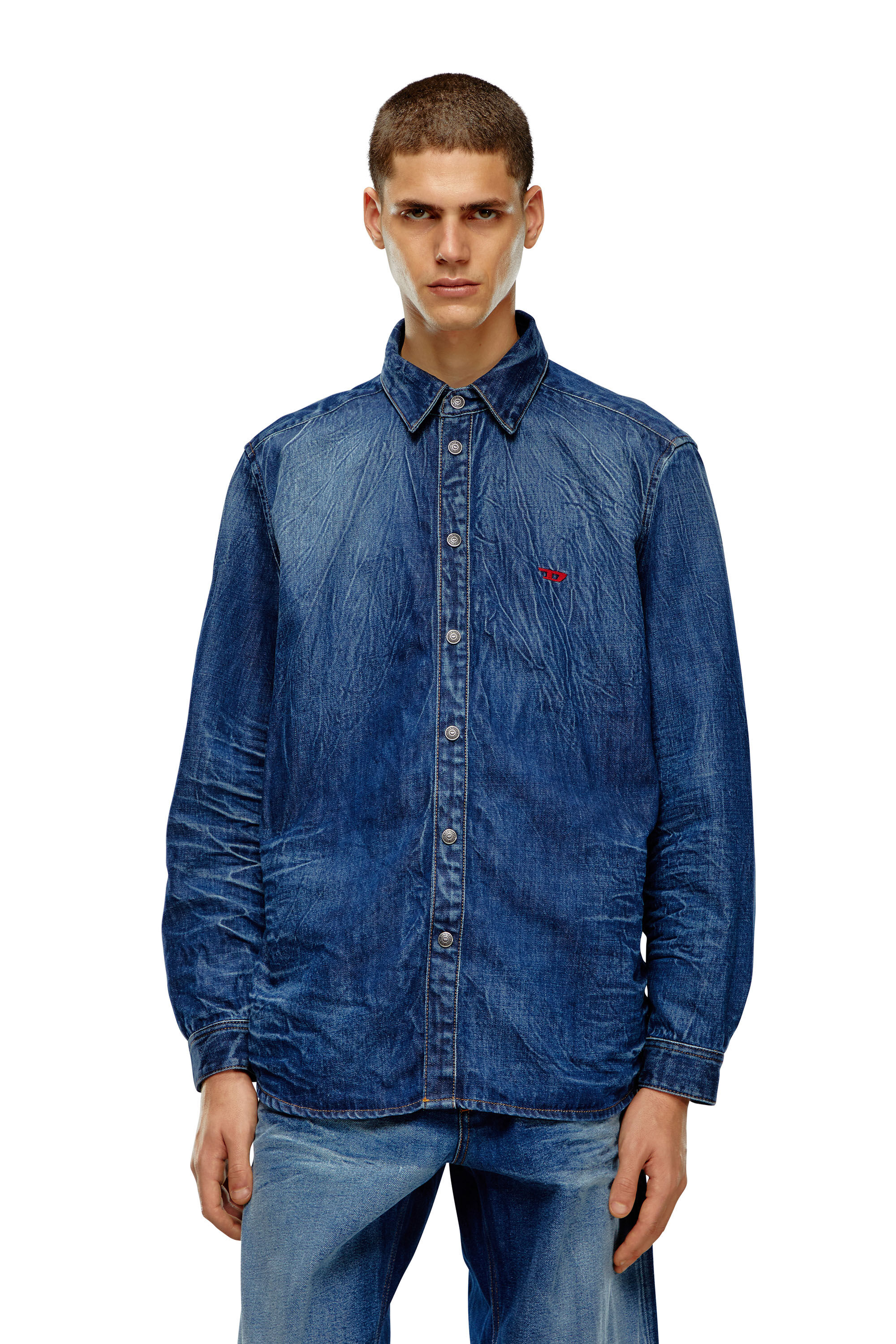 Diesel - D-SIMPLY-S2, Man Stretch denim shirt with 3D whiskers in Blue - Image 3