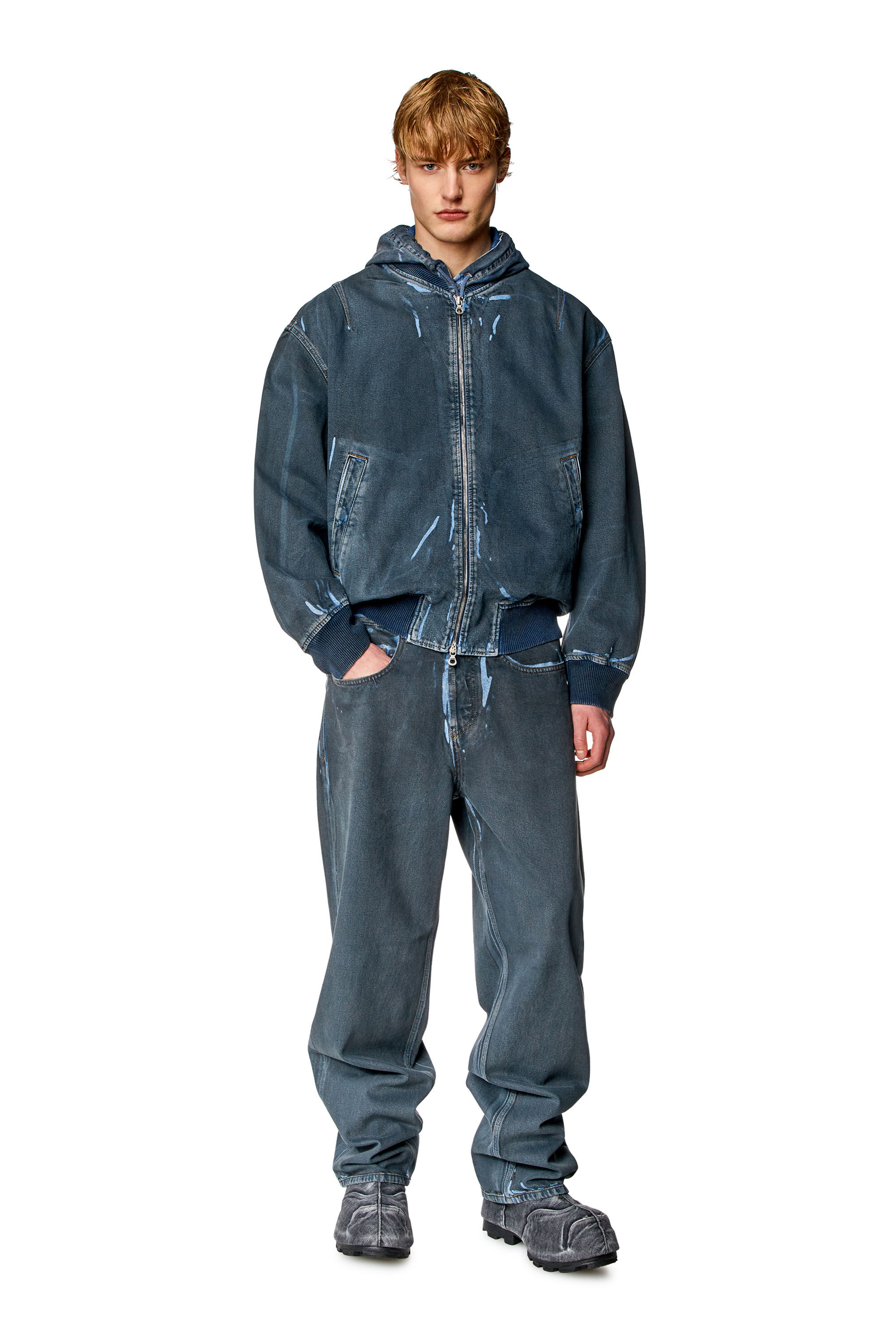 Diesel - D-VINZ-S, Man Bomber jacket in used-effect coated denim in Blue - Image 1