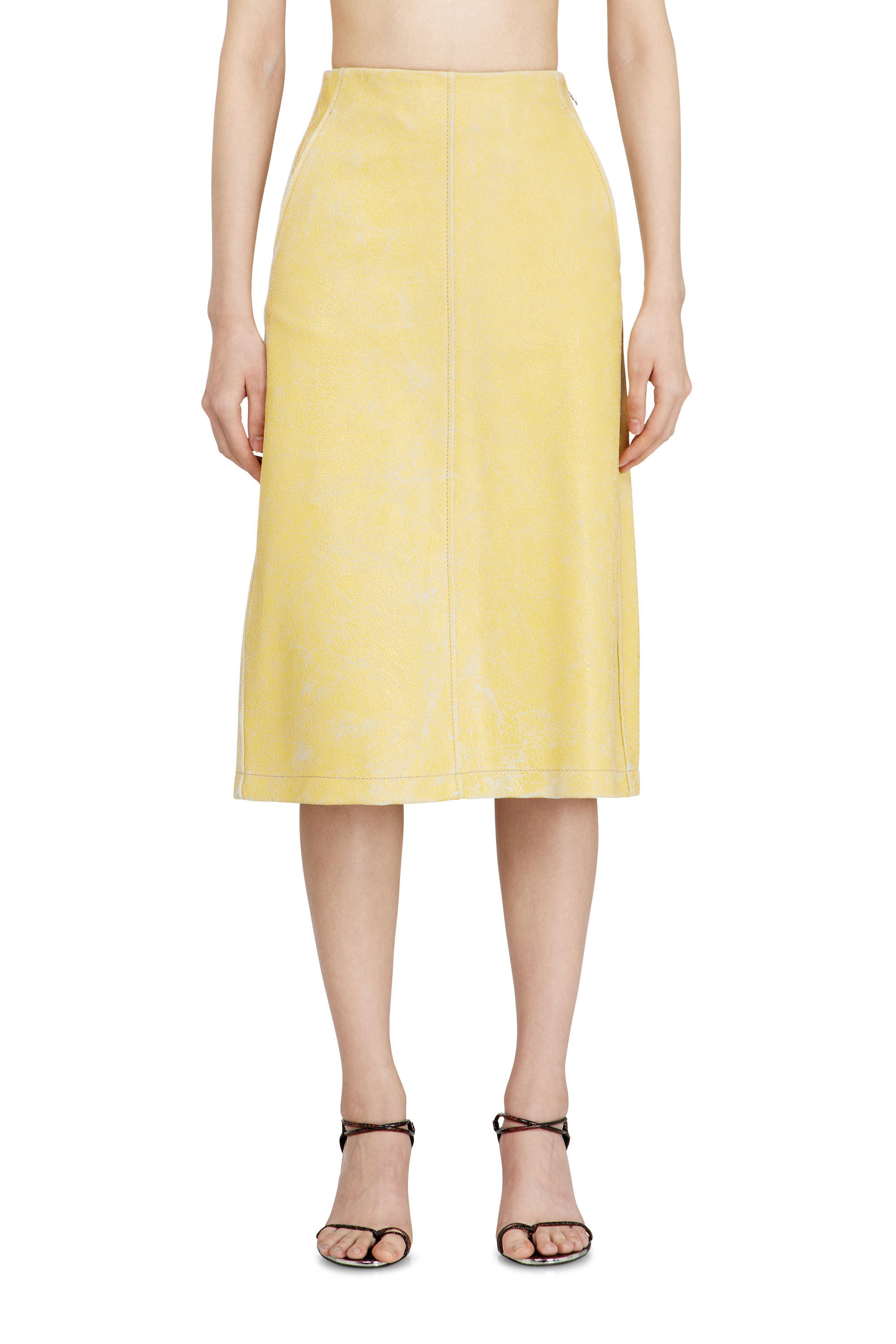 Diesel - L-ERINA, Woman's Midi pencil skirt in cracked leather in Yellow - 3