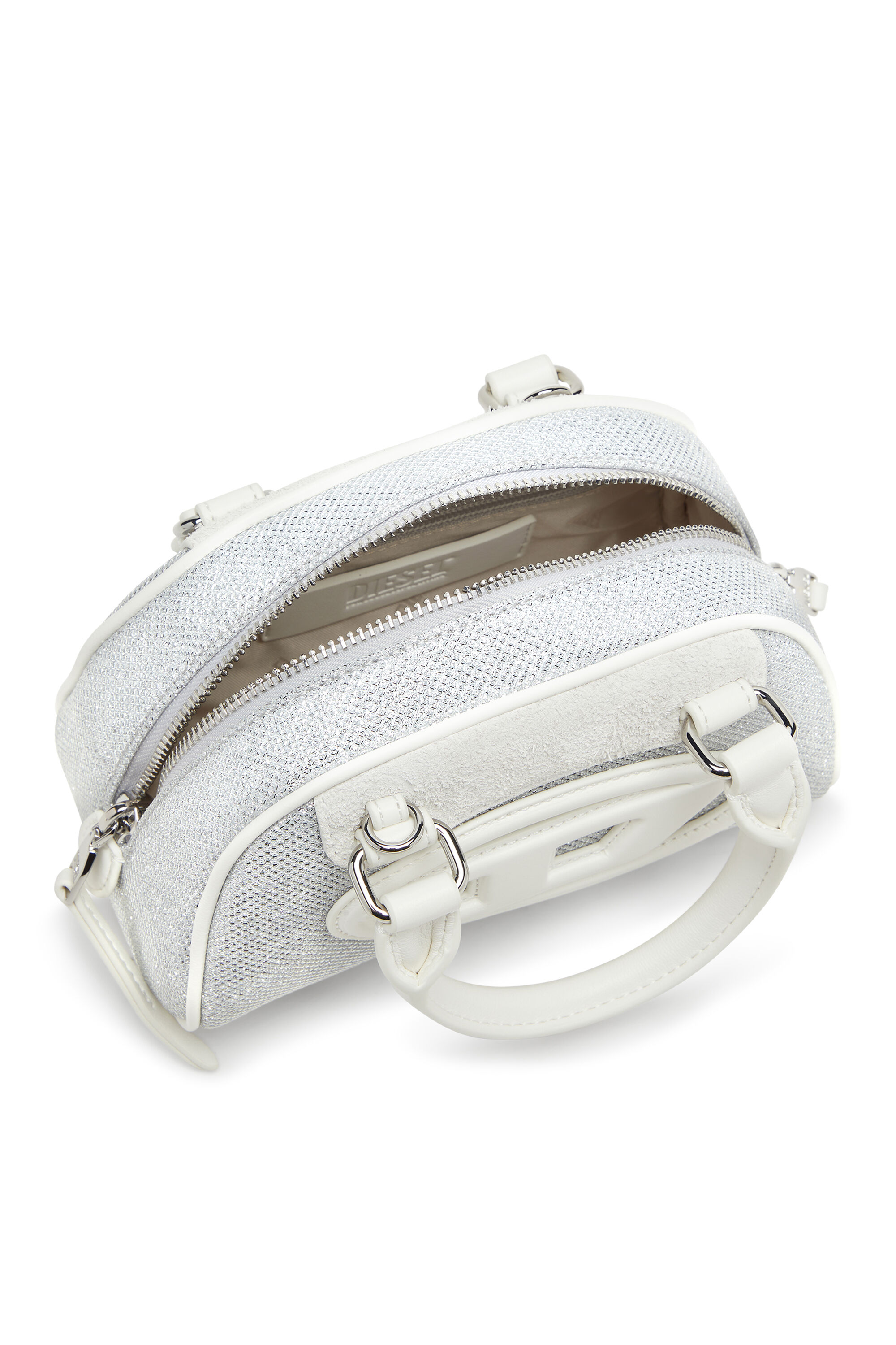Diesel - 1DR DOME CROSSBODY, Woman's 1DR Dome-Mini bowling bag in lurex fabric in White/Grey - 3