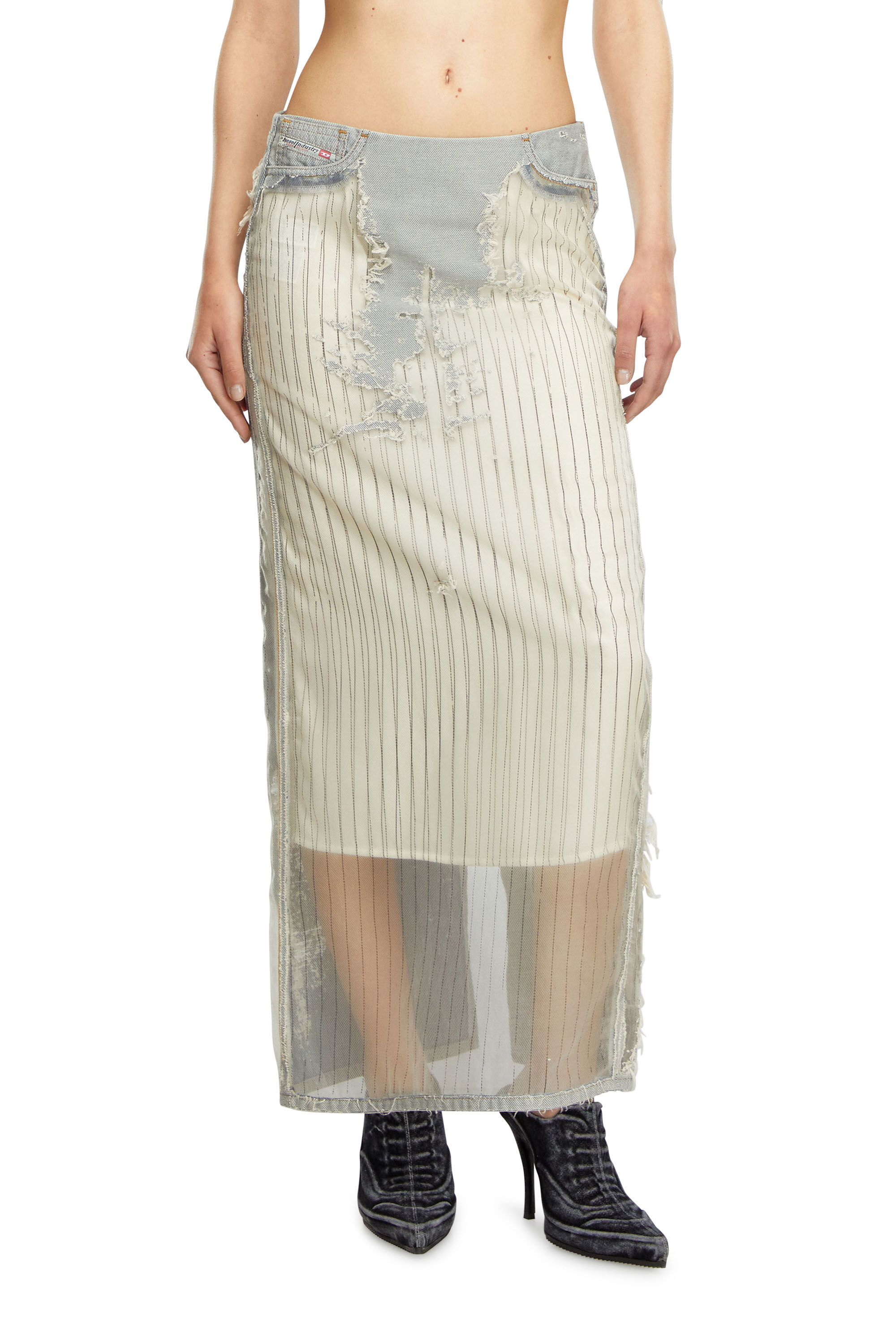 Diesel - DE-PIGO-FSE, Woman Long skirt in pinstriped devoré denim in White - Image 3
