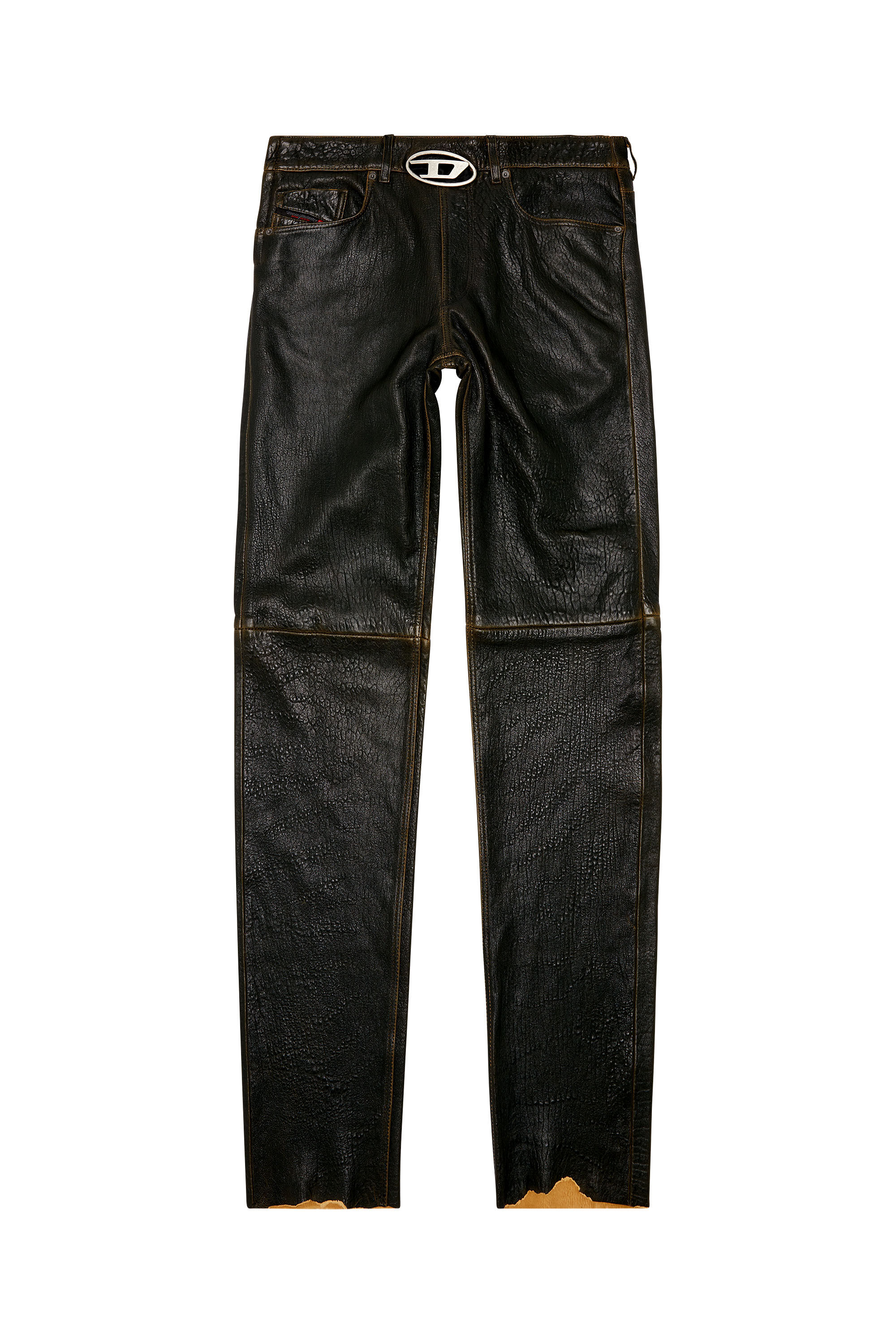 Diesel - P-KOOMAN, Man Textured leather pants with logo cut-out in Brown - Image 2