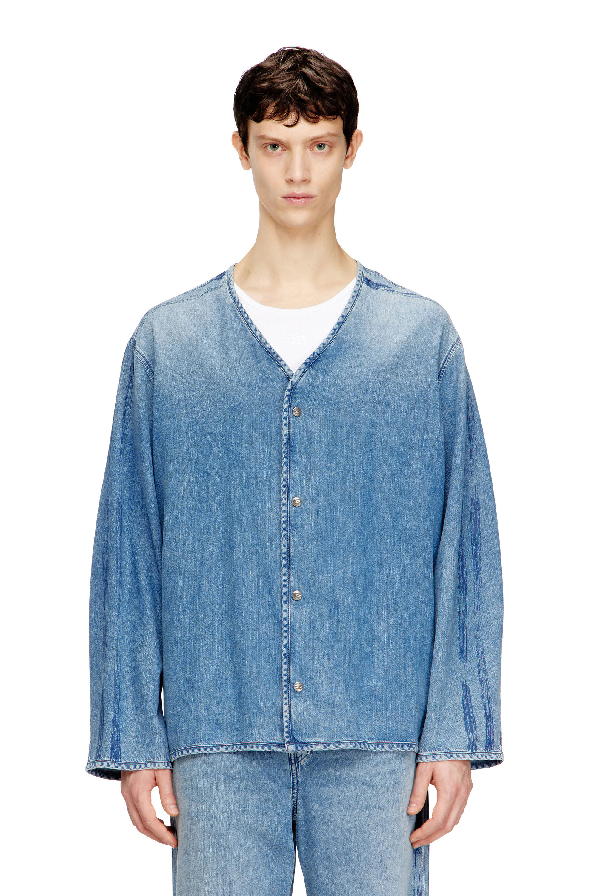 Diesel - D-CADI-S, Man's V-neck shirt in fluid denim with stripes in null - 3