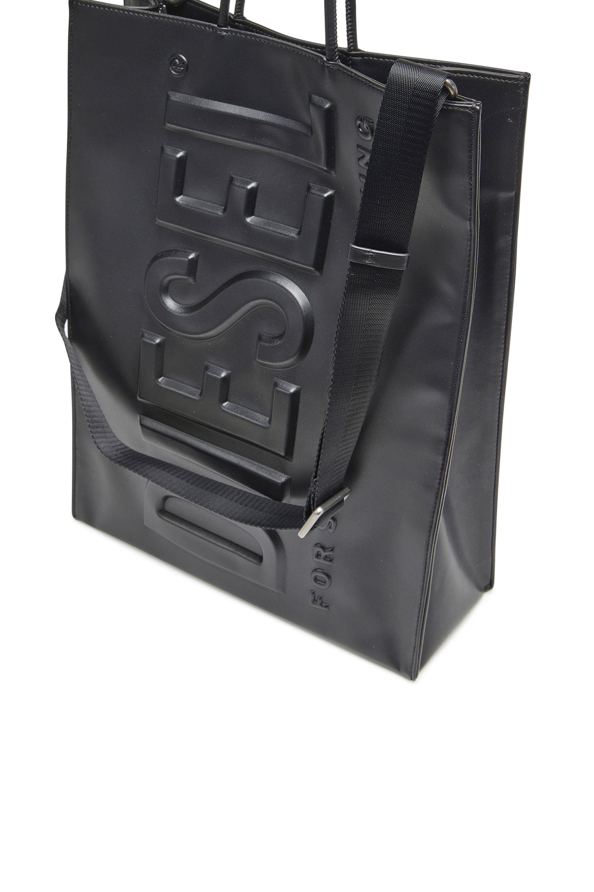 Diesel - DSL 3D SHOPPER L X, Unisex Dsl 3D L-Large PU tote bag with embossed logo in Black - Image 2