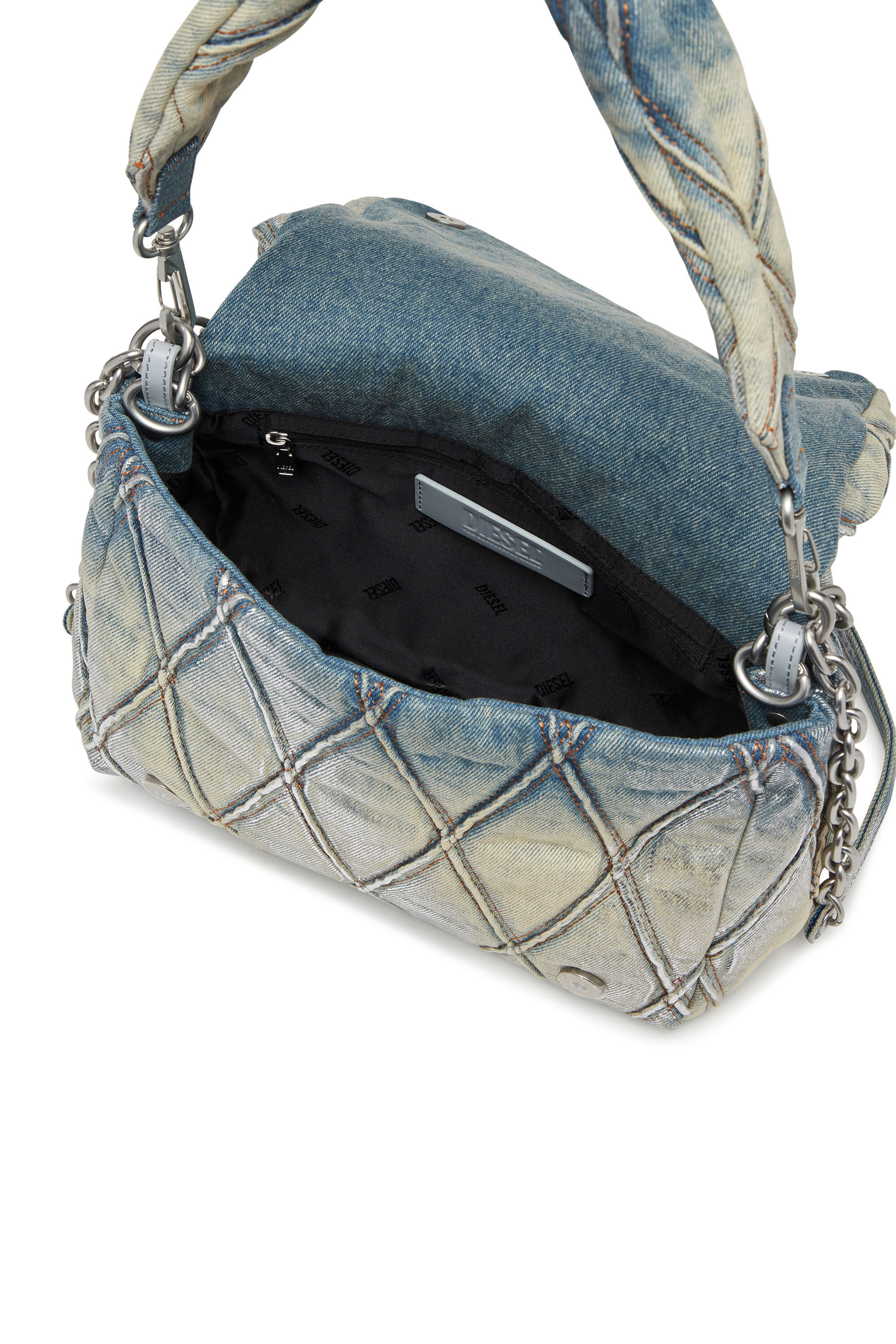 Diesel - CHARM-D SHOULDER M, Woman's Charm-D M-Shoulder bag in metallic quilted denim in Light Blue - 5