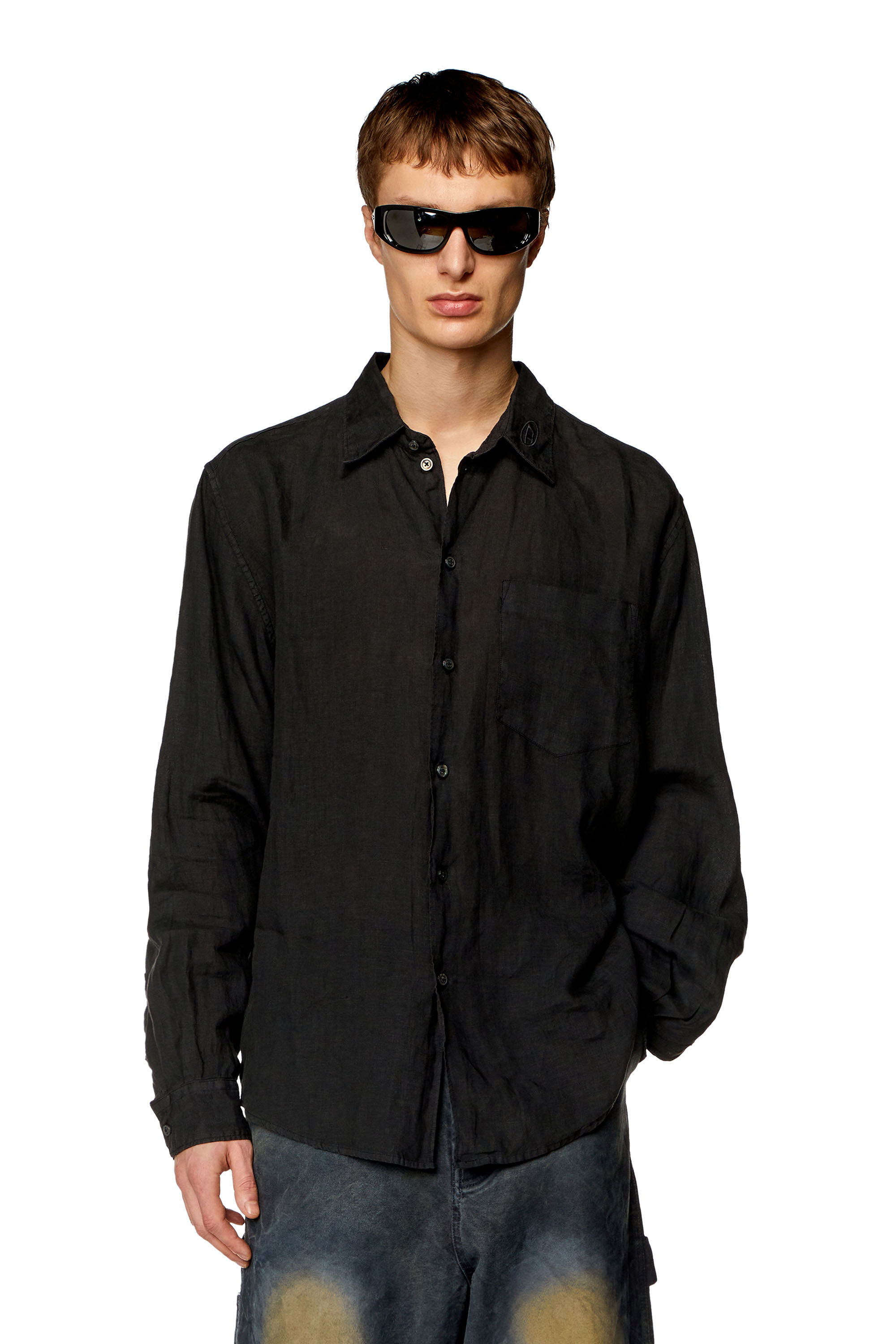 Diesel - S-EMIL, Man Linen shirt with logo collar in Black - Image 3