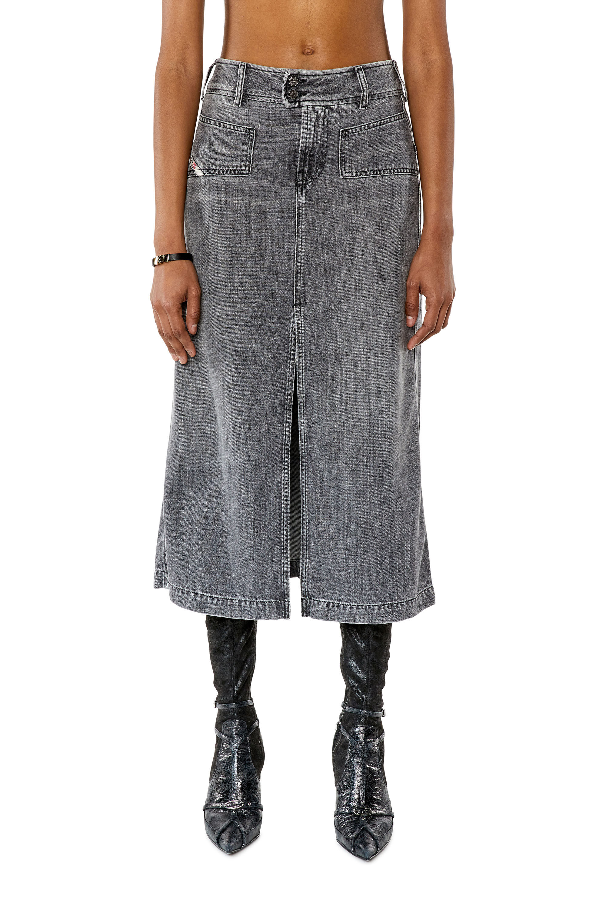 Diesel - DE-YINKA, Woman Denim midi skirt with slit in Grey - Image 3