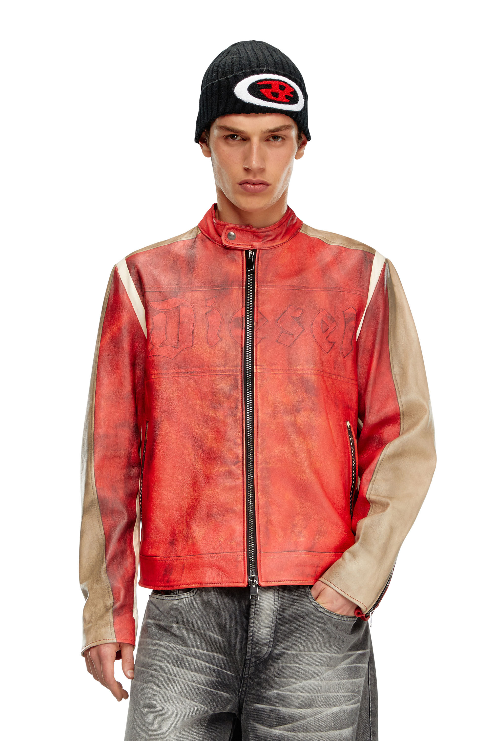 Diesel - L-RUSCHA, Man Dirty-effect leather biker jacket in Red - Image 3