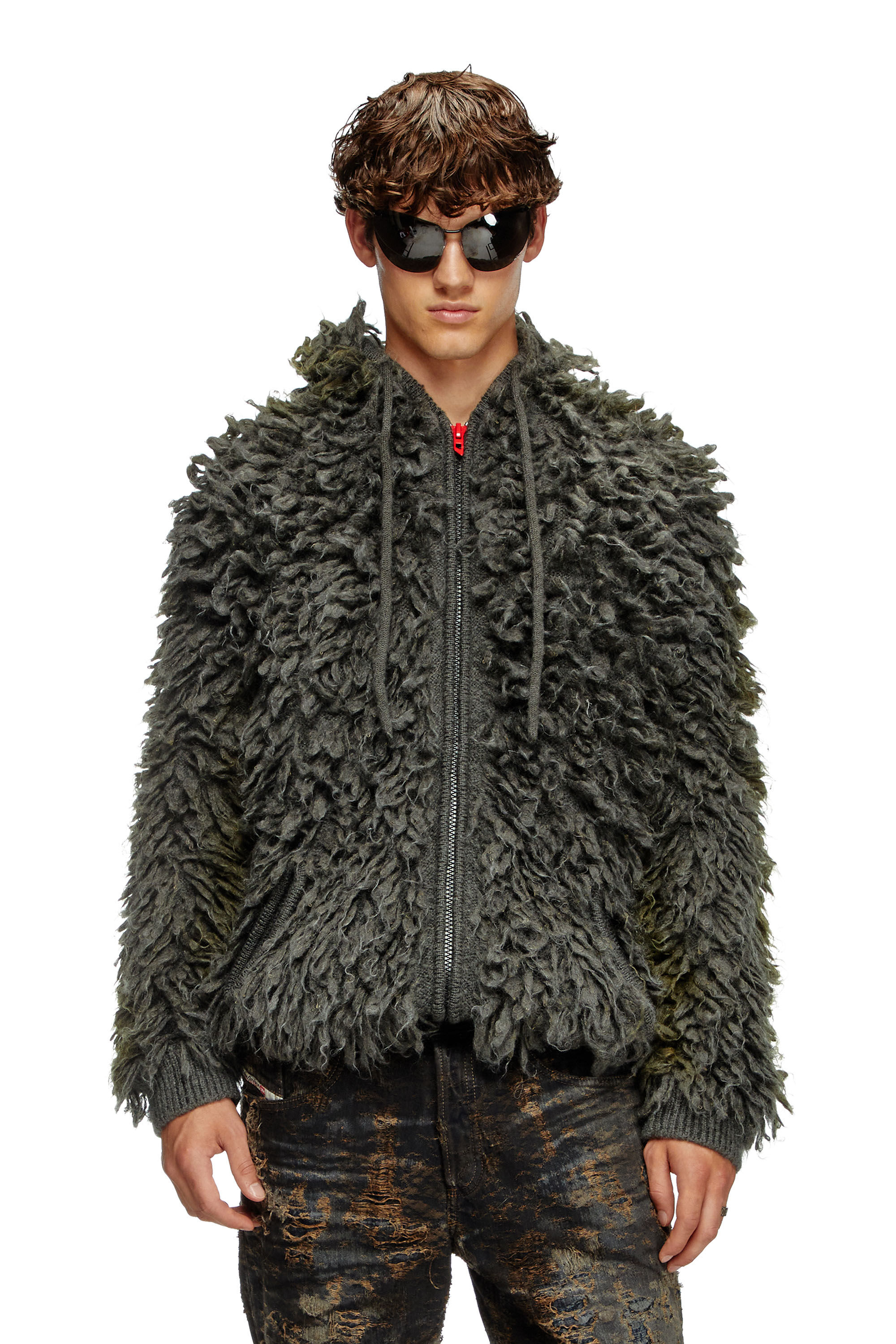 Diesel - K-WHITMAN, Man's Hooded cardigan in shaggy knit in Dark grey - 3