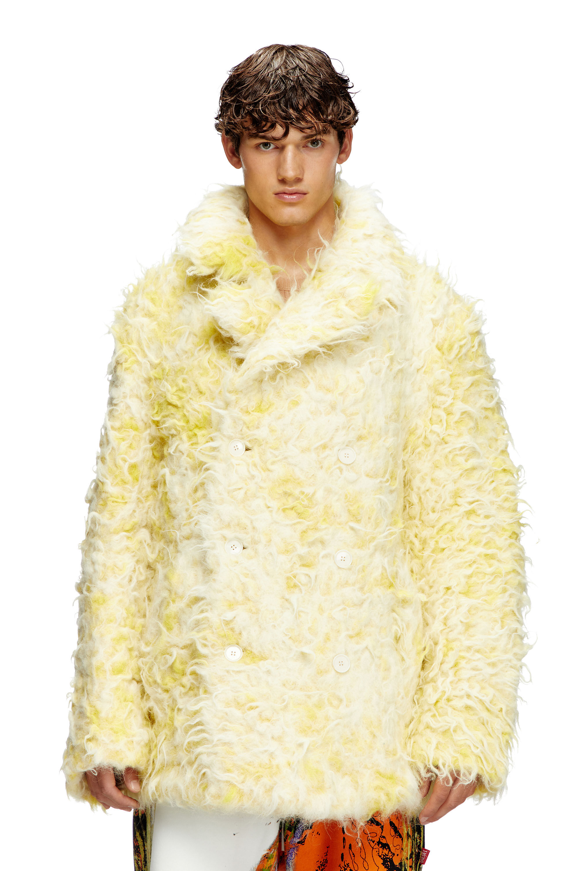 Diesel - W-MIN-SHORT, Man's Double-breasted coat in shaggy alpaca blend in Yellow - 3