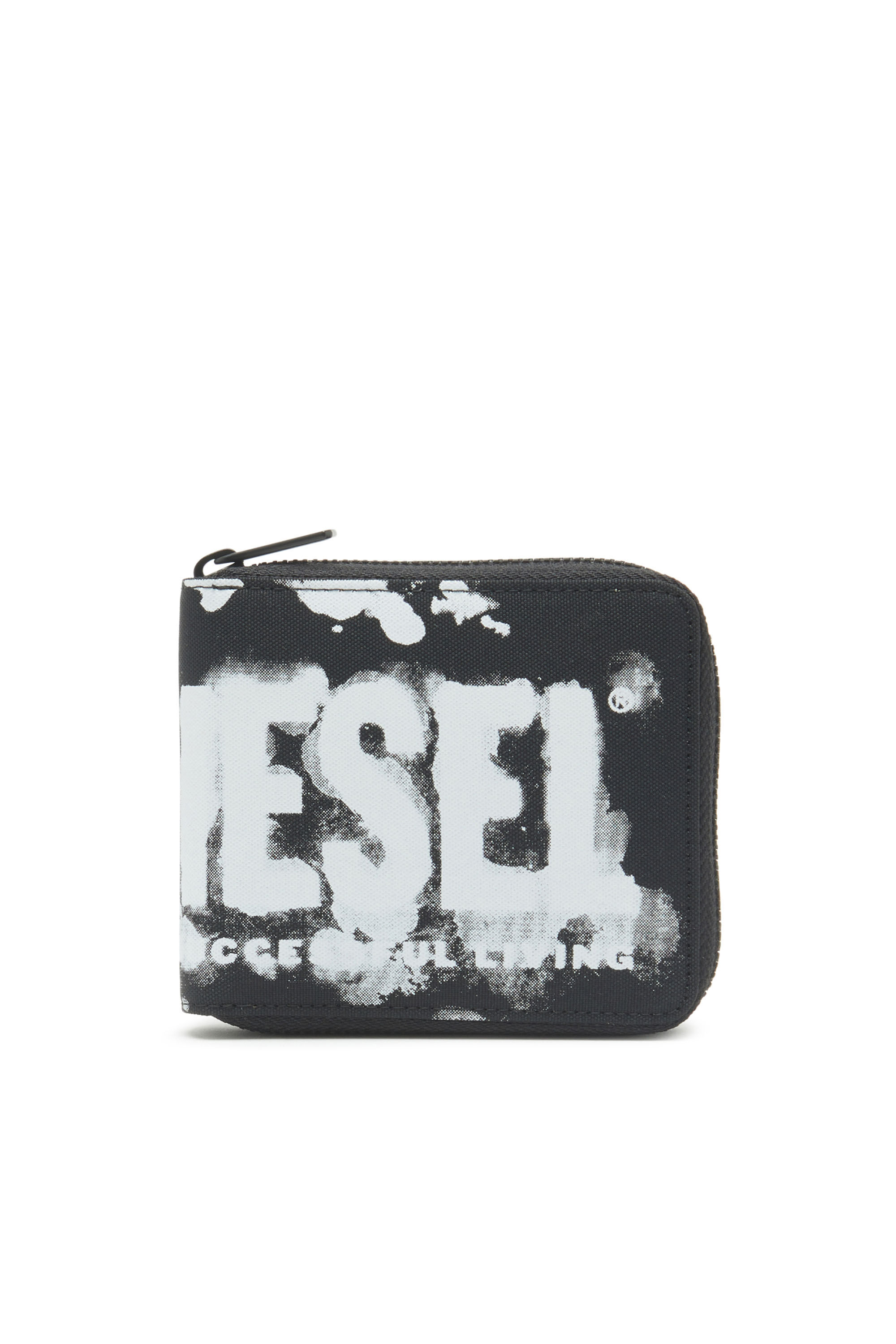 Diesel - RAVE BI-FOLD COIN ZIP XS, Unisex Zip wallet in logo-print fabric in Black - Image 1