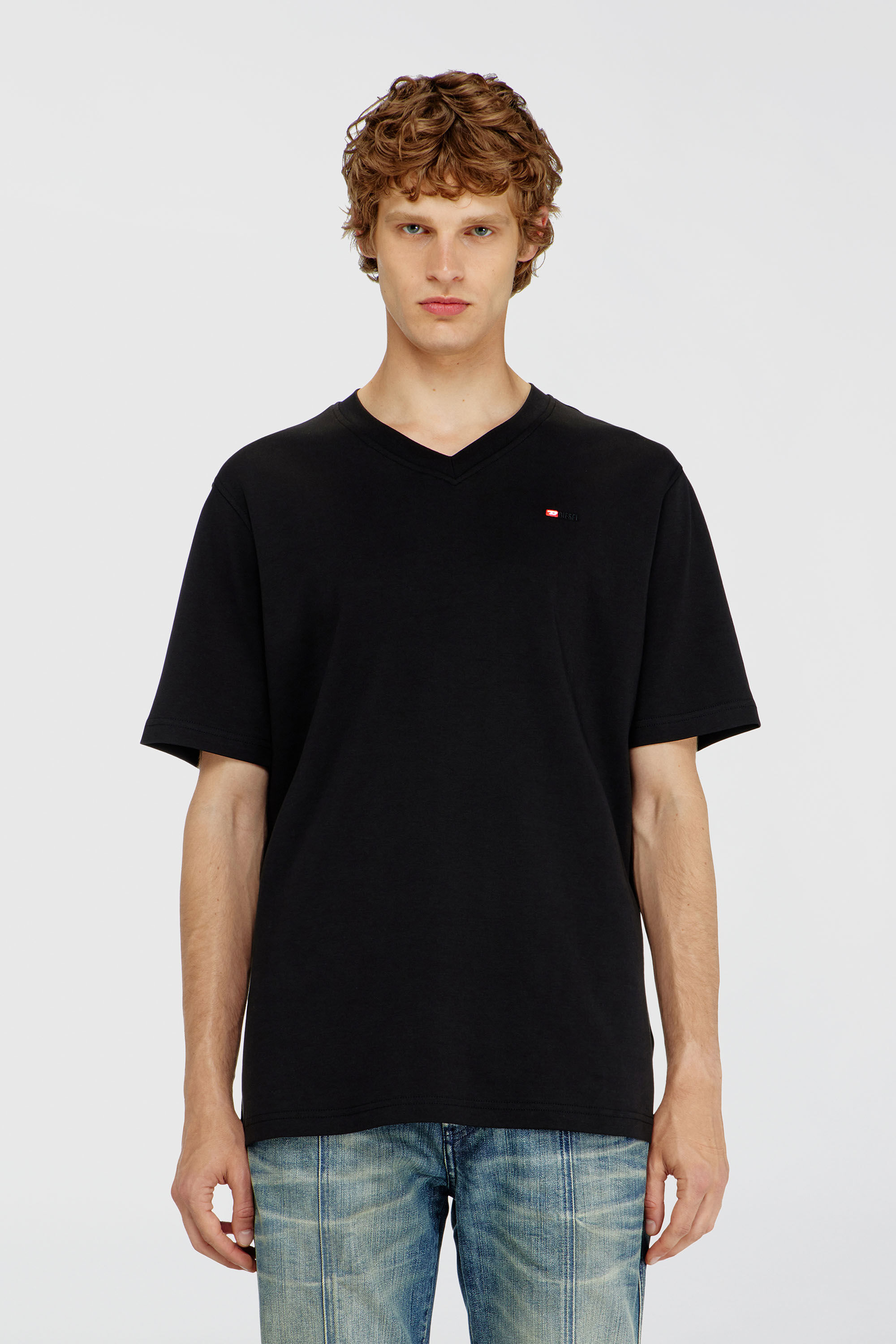 Diesel - T-ADJUST-V-MICRODIV, Man's V-neck T-shirt with micro logo embroidery in Black/Red - 3
