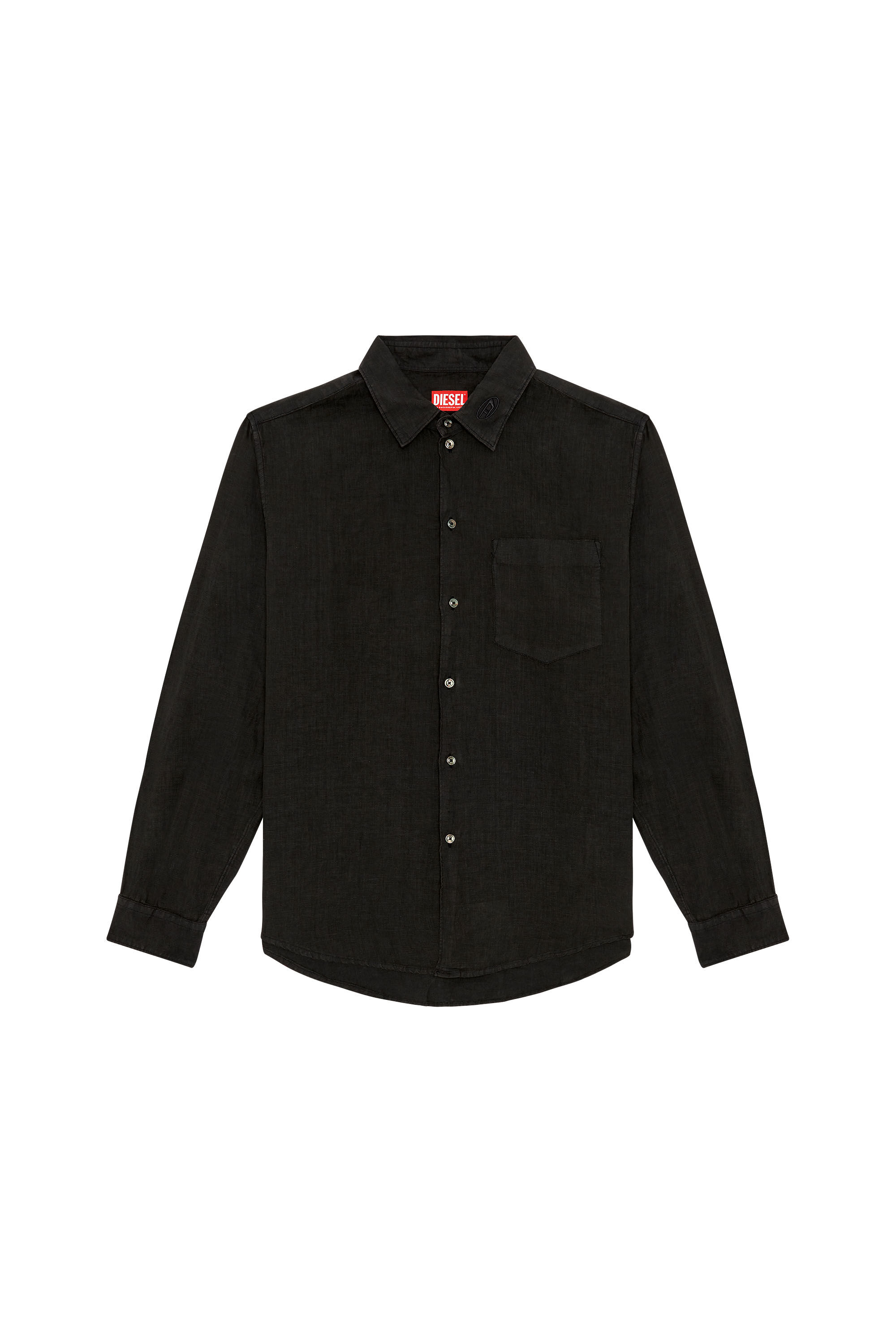 Diesel - S-EMIL, Man Linen shirt with logo collar in Black - Image 2