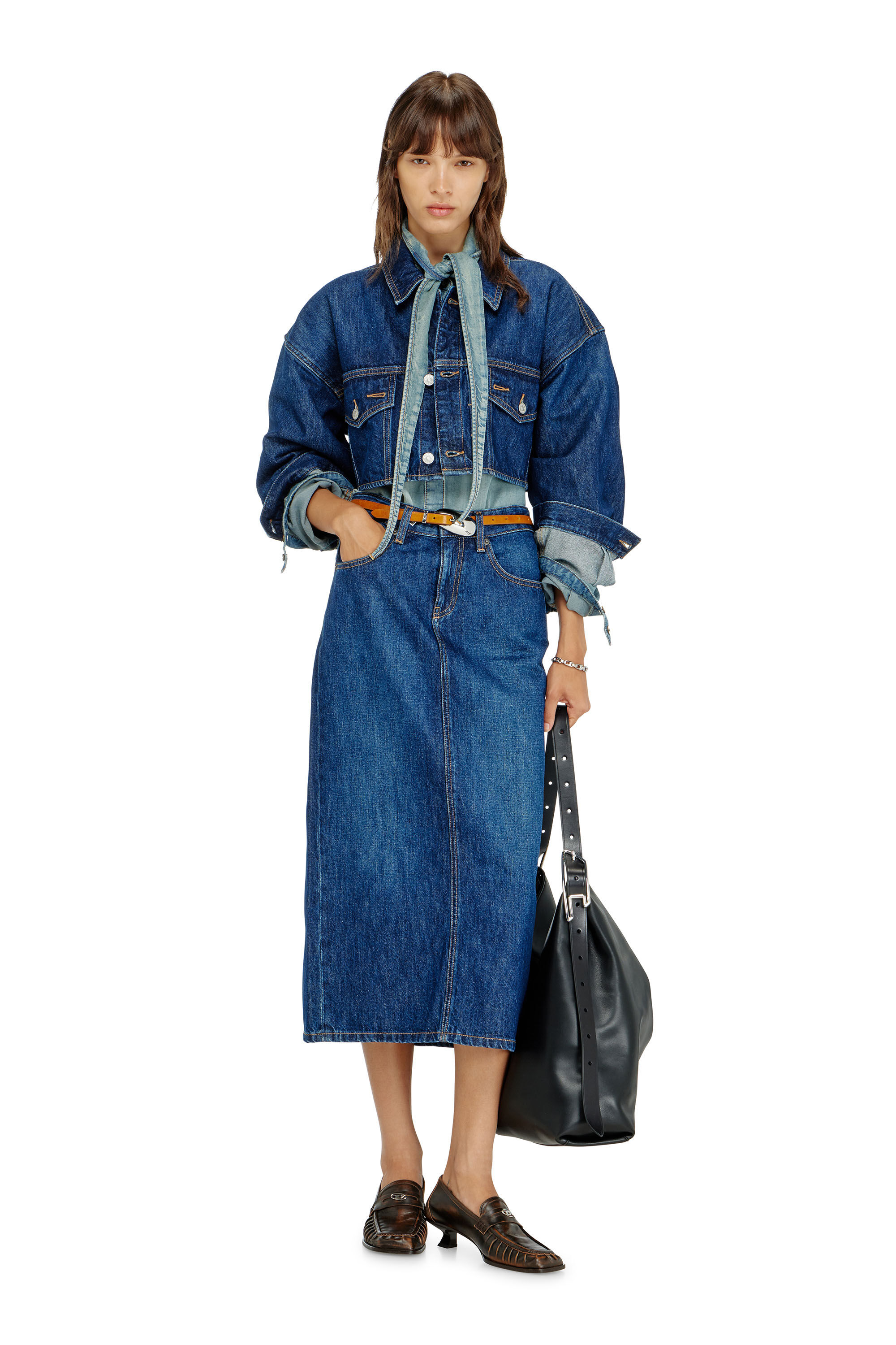 Diesel - DE-MALLEY, Woman's Cropped oversized denim trucker jacket in Medium blue - 1